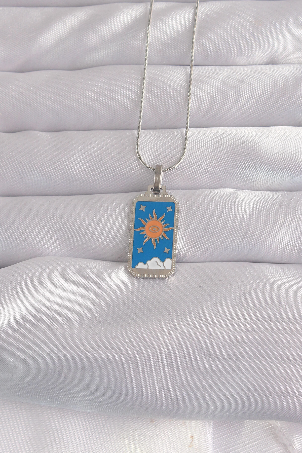 316L Çelik Gümüş Renk Mavi Mineli Güneş Model Tarot Kolye-0