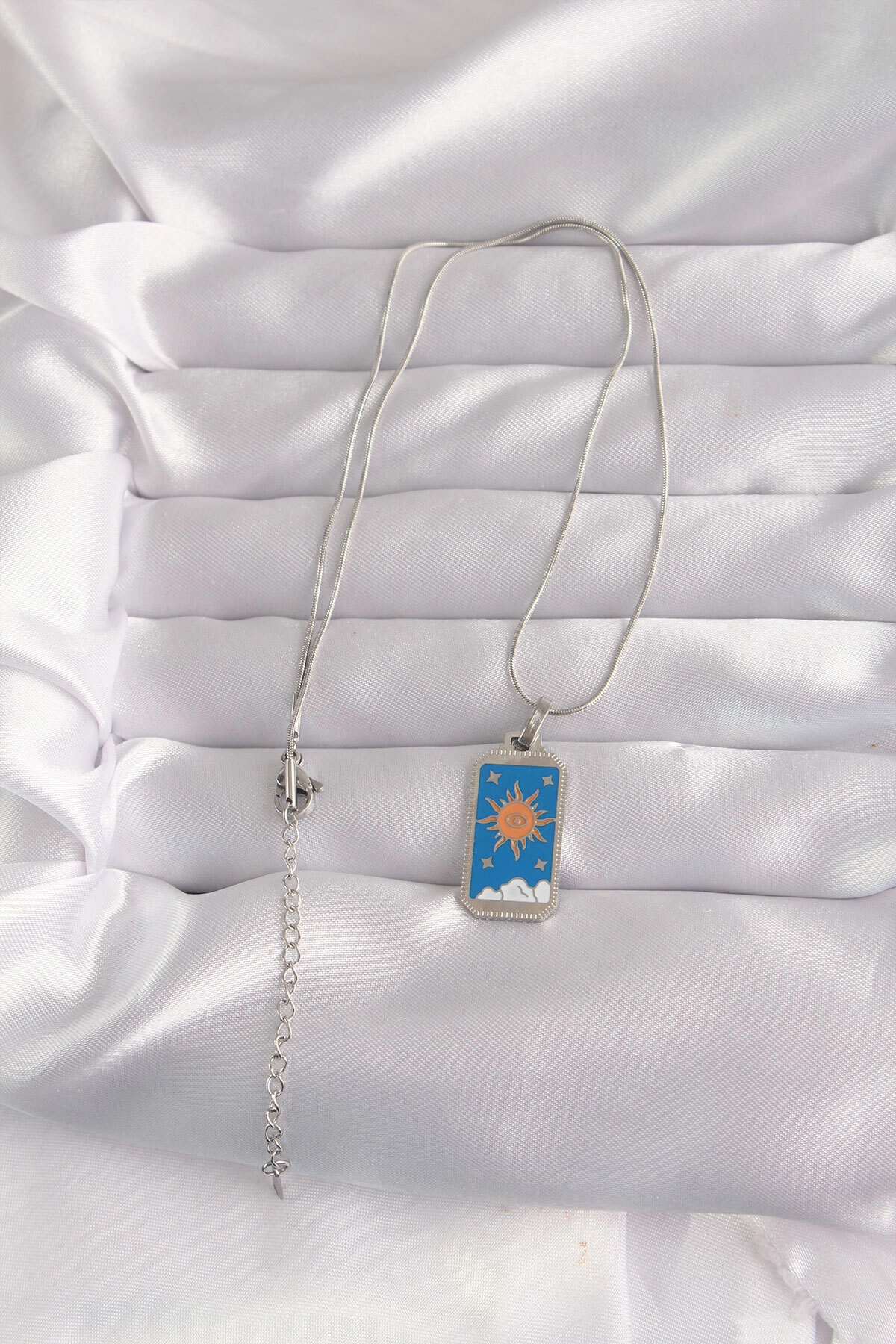 316L Çelik Gümüş Renk Mavi Mineli Güneş Model Tarot Kolye-1
