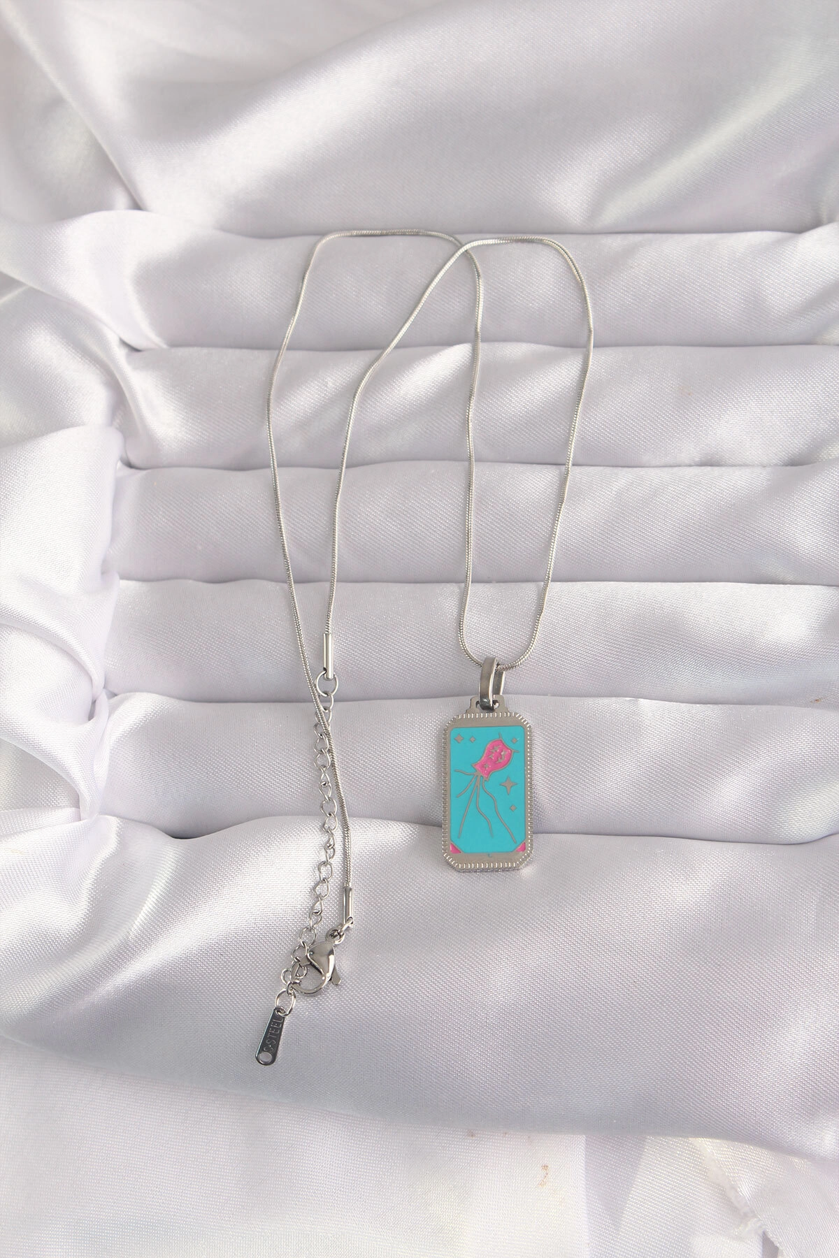 316L Çelik Gümüş Renk Mavi Mineli Tarot Kolye-1