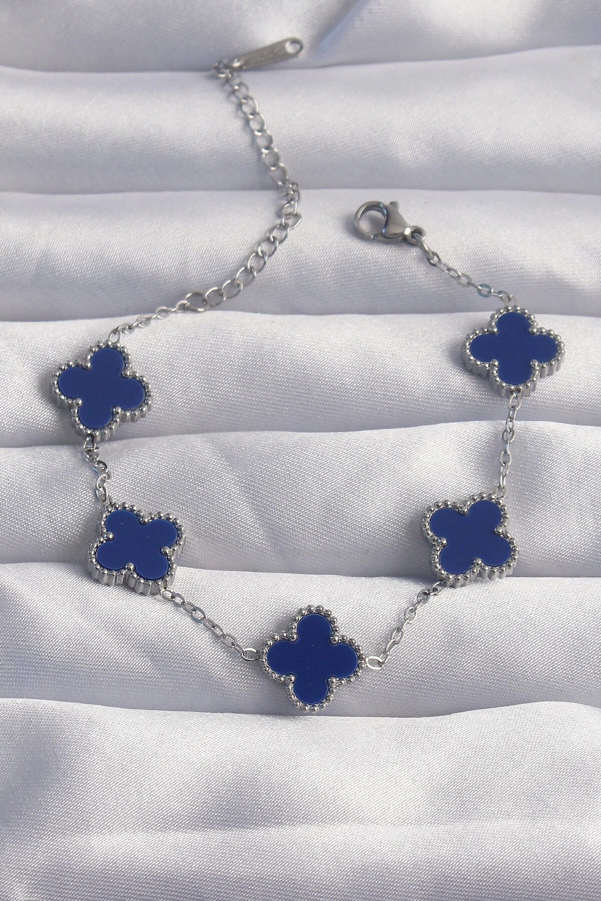 316L Çelik Gümüş Renk Mavi Mineli Yonca Bileklik-0