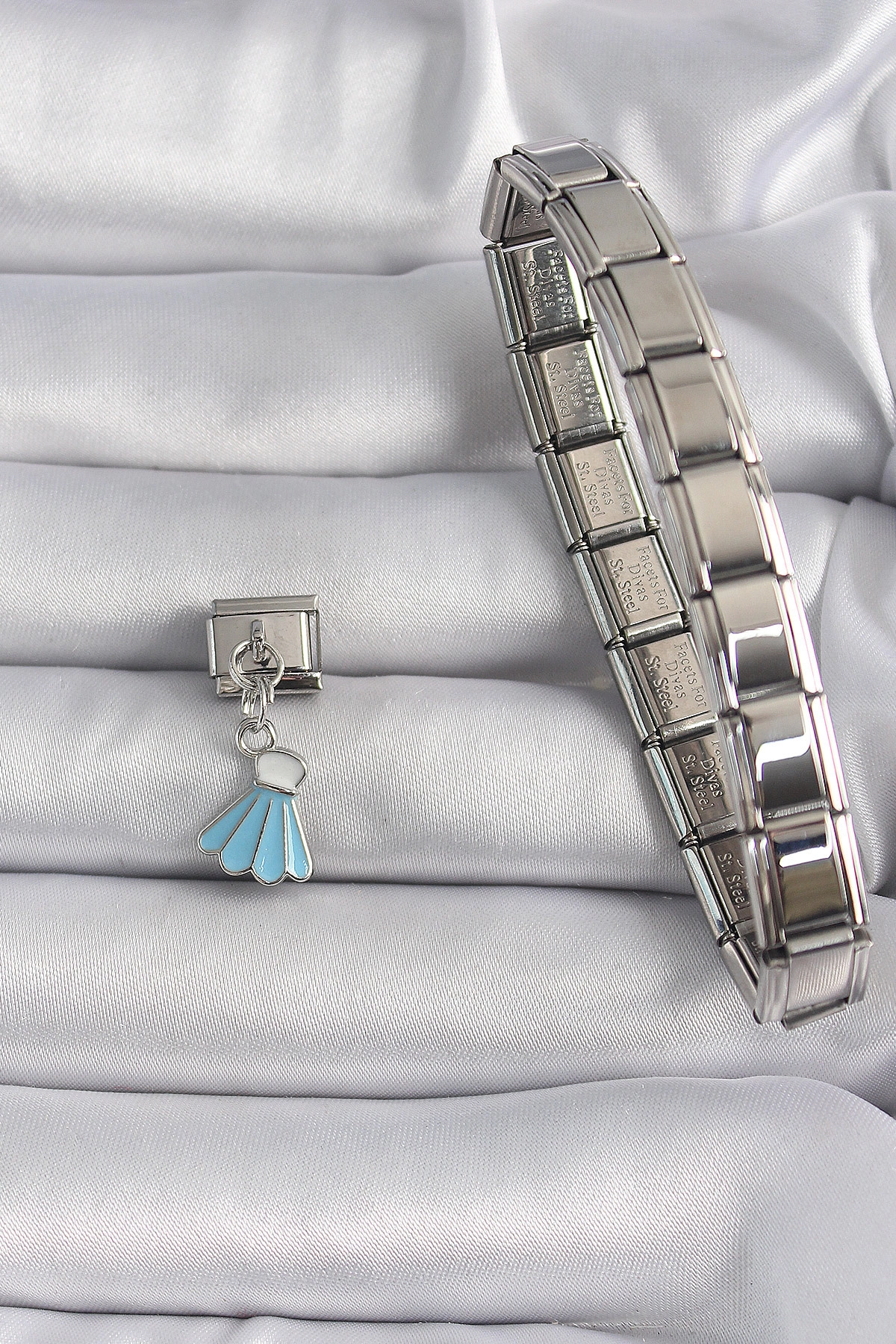 316L Çelik Gümüş Renk Mavi Renk Sallantı Elbise Model Nomination Charm-1