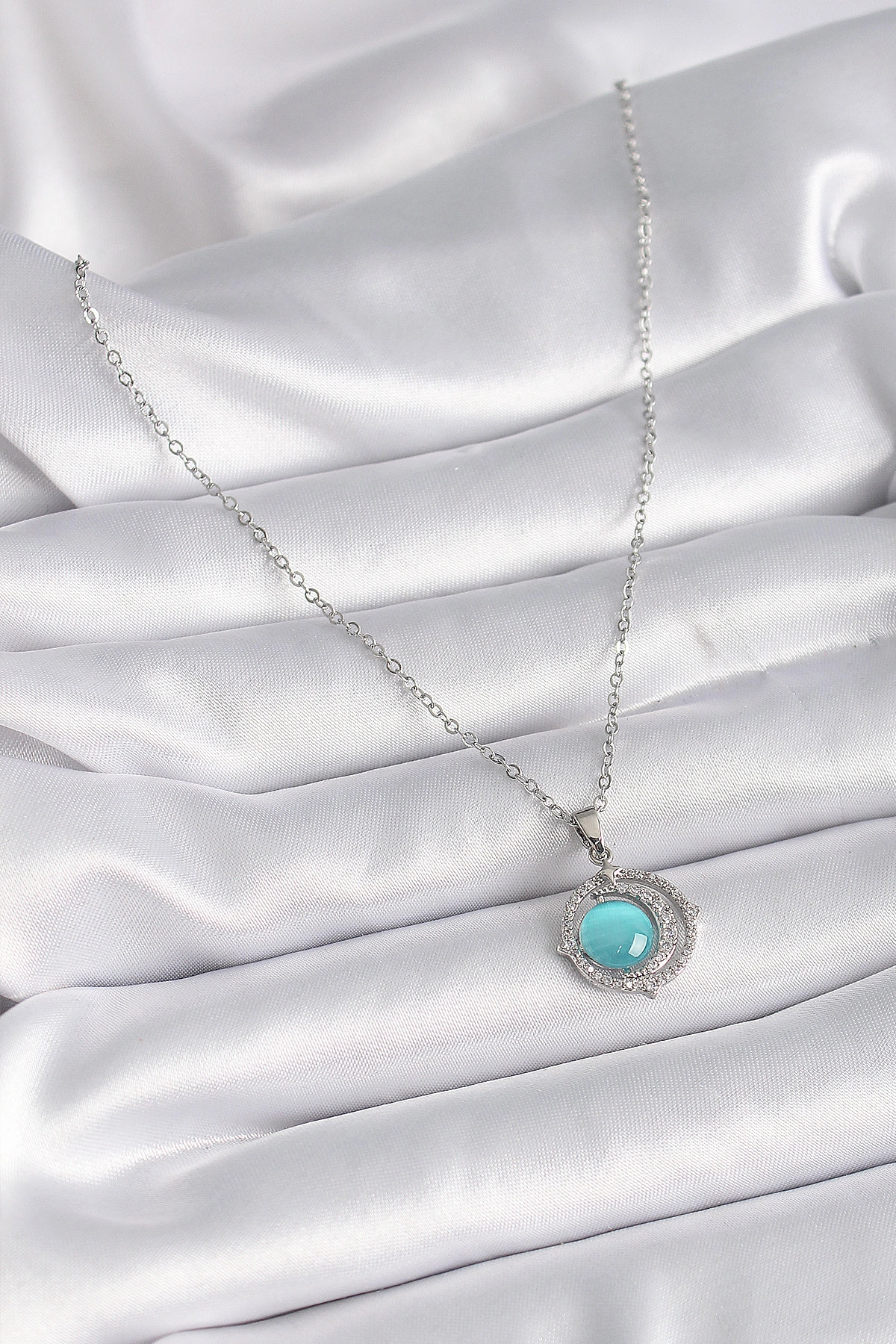 316L Çelik Gümüş Renk Mavi Sedefli Hilal Model Kadın Kolye-1