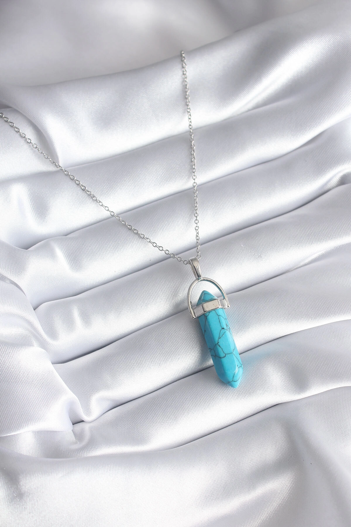 316L Çelik Gümüş Renk Mavi Taşlı Model Kadın Kolye-1