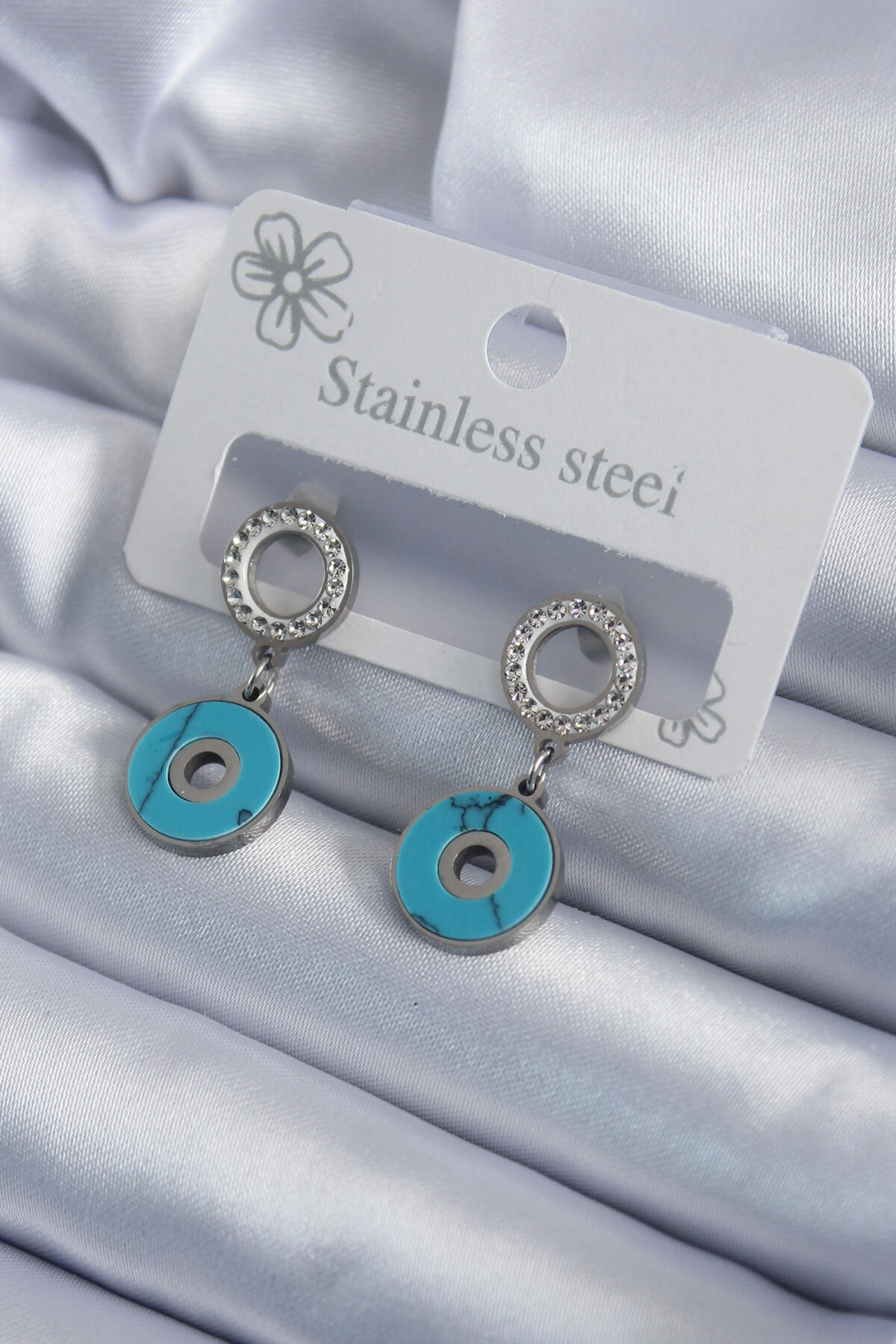 316L Çelik Gümüş Renk Mavi Taşlı Zirkon Taşlı Kadın Küpe-0