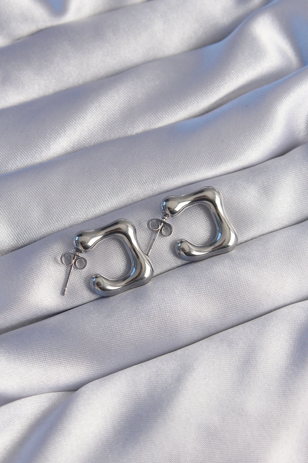 316L Çelik Gümüş Renk Minimal Bubble Küpe-0