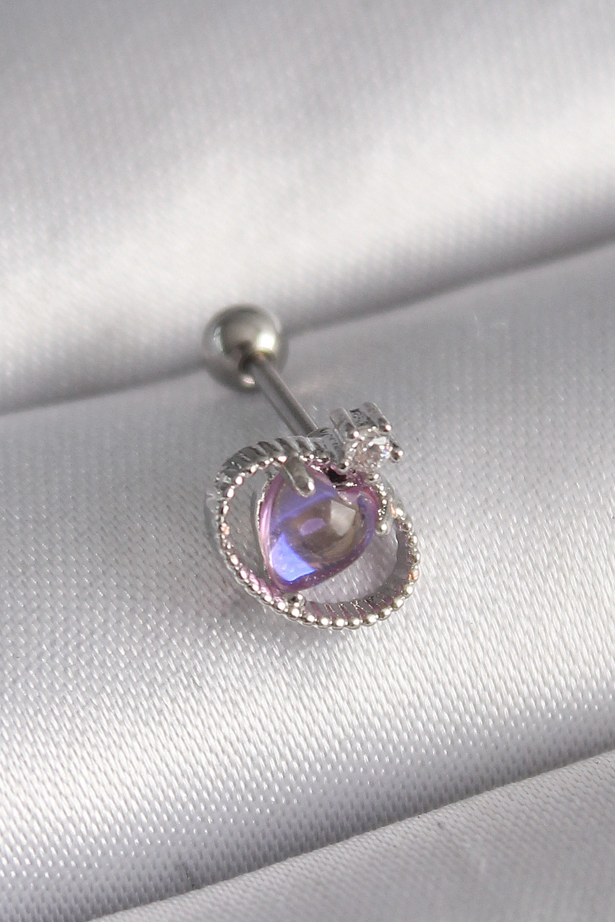 316L Çelik Gümüş Renk Mor Mineli Kalp Zirkon Taş Detay Tragus Piercing-0