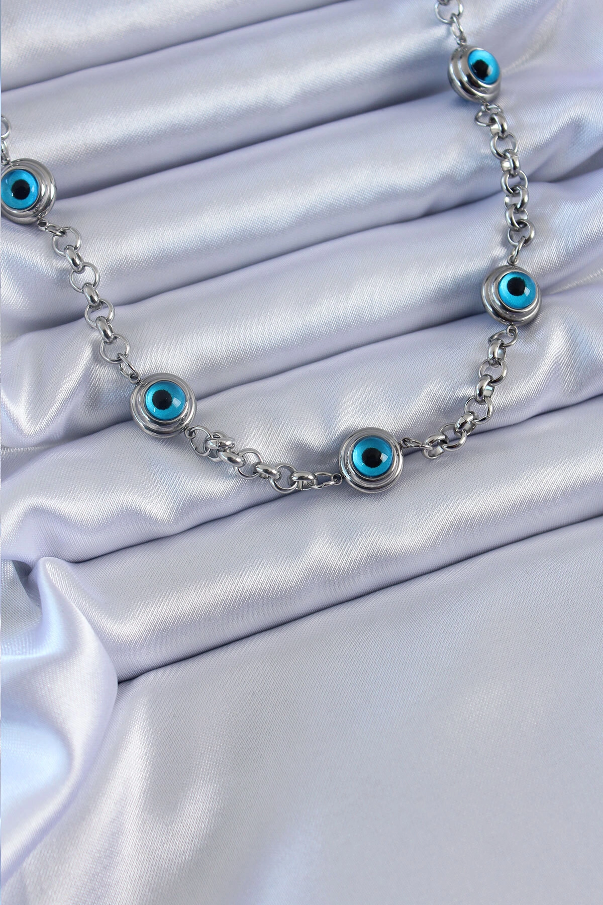 316L Çelik Gümüş Renk Nazar Boncuk Model Kadın Kolye-0