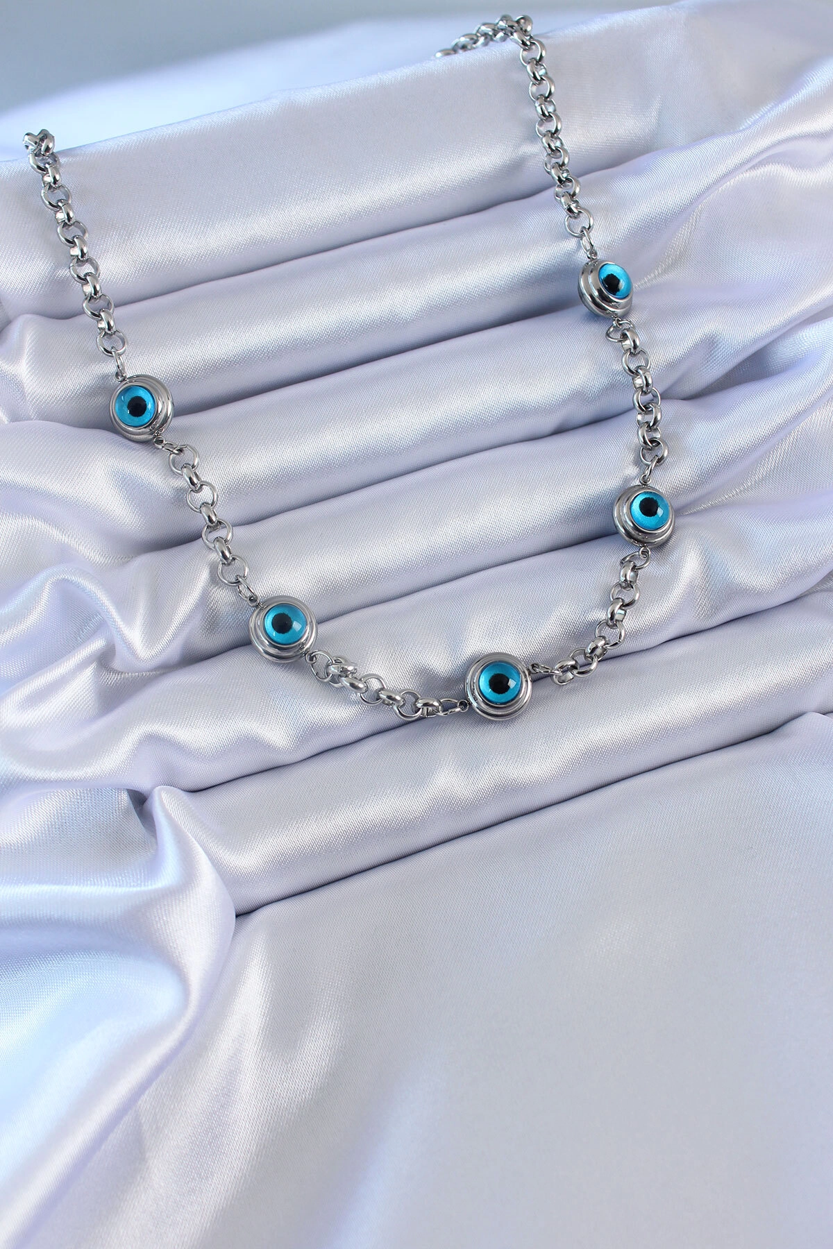 316L Çelik Gümüş Renk Nazar Boncuk Model Kadın Kolye-1