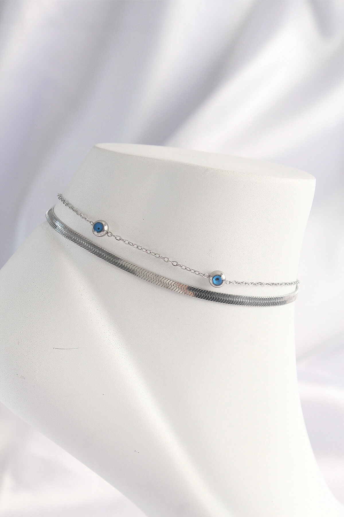 316L Çelik Gümüş Renk Nazar Boncuk Tasarımlı 2li Halhal-0