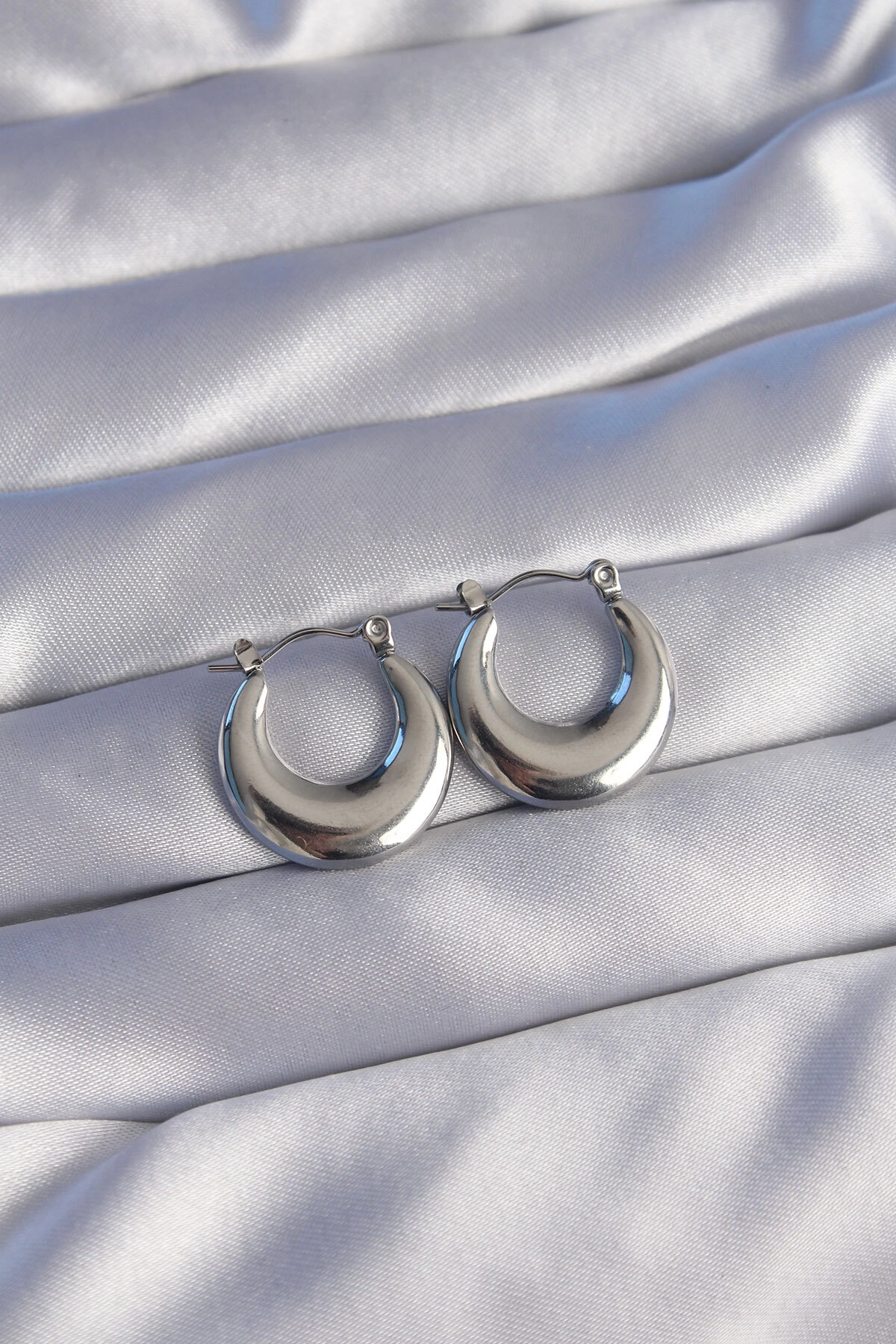 316L Çelik Gümüş Renk Oval Ayna Model Küpe-0