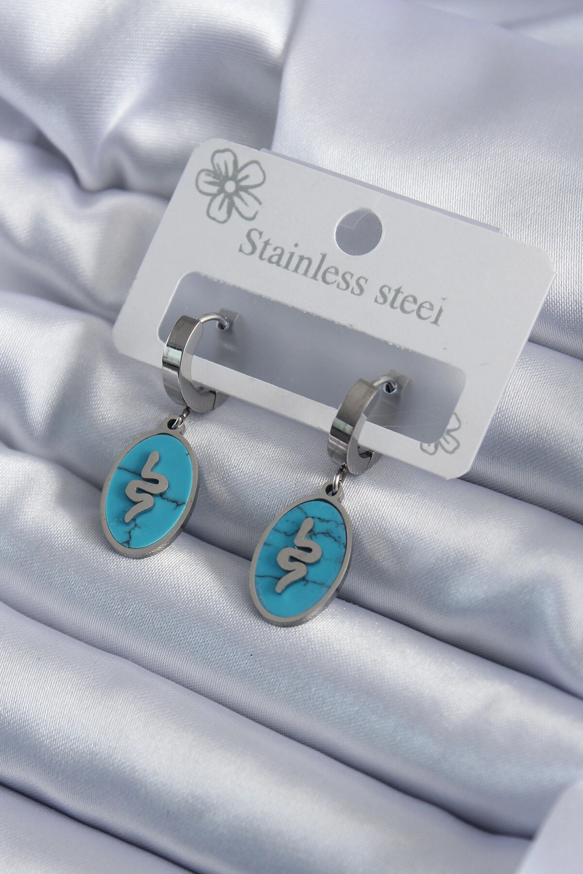 316L Çelik Gümüş Renk Oval Mavi Taşlı Yılan Figür Kadın Küpe-0