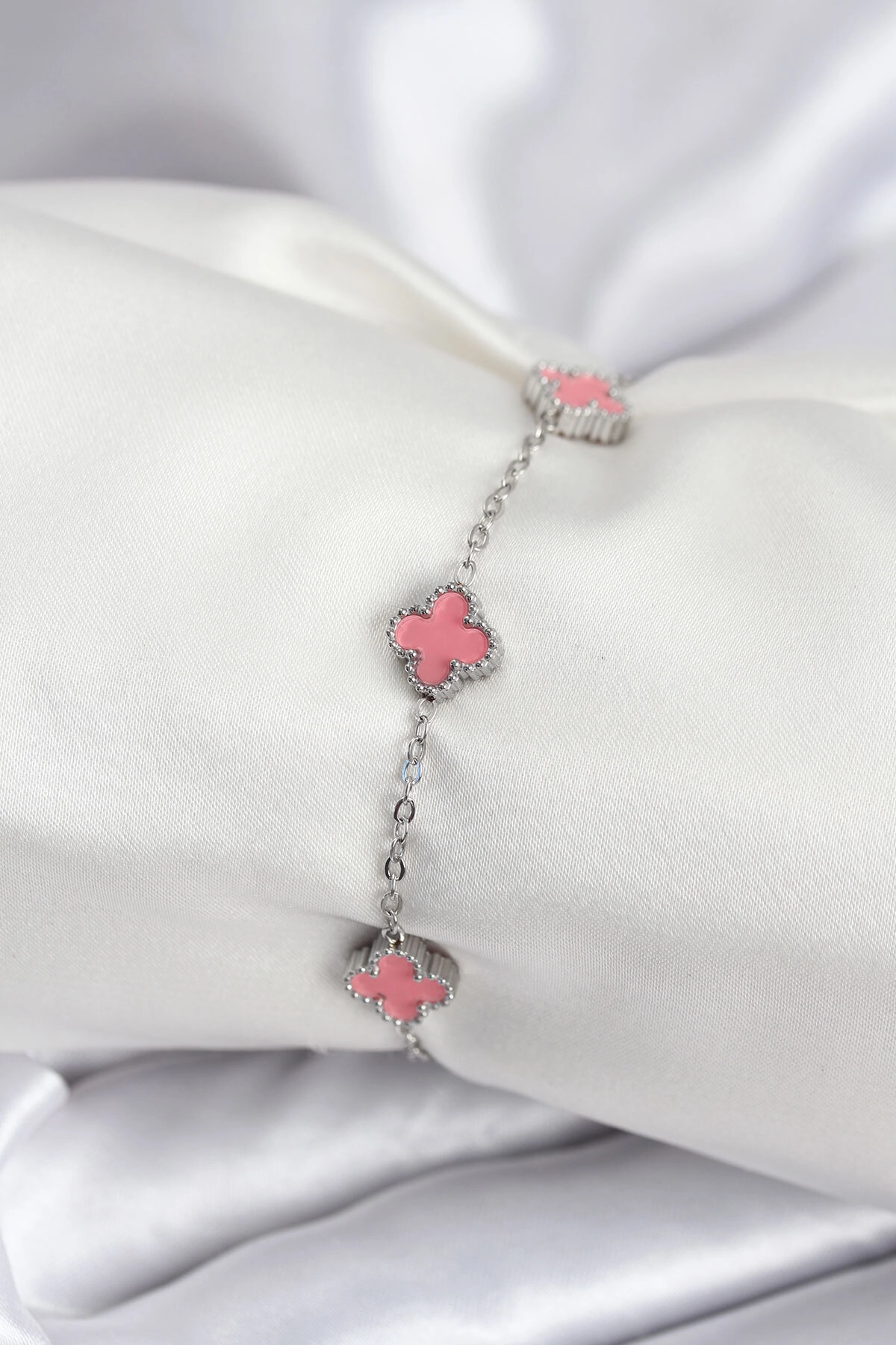 316L Çelik Gümüş Renk Pembe Baby Boy Yonca Kadın Bileklik-0