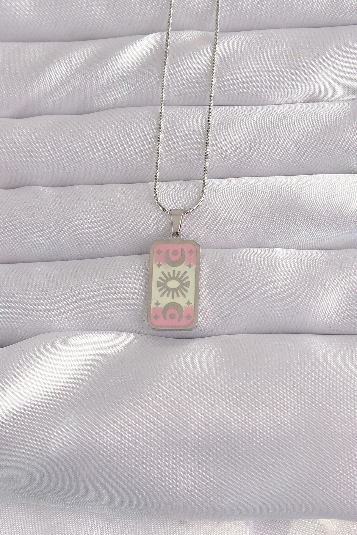 316L Çelik Gümüş Renk Pembe Mineli Ay Figür Tarot Kolye-0