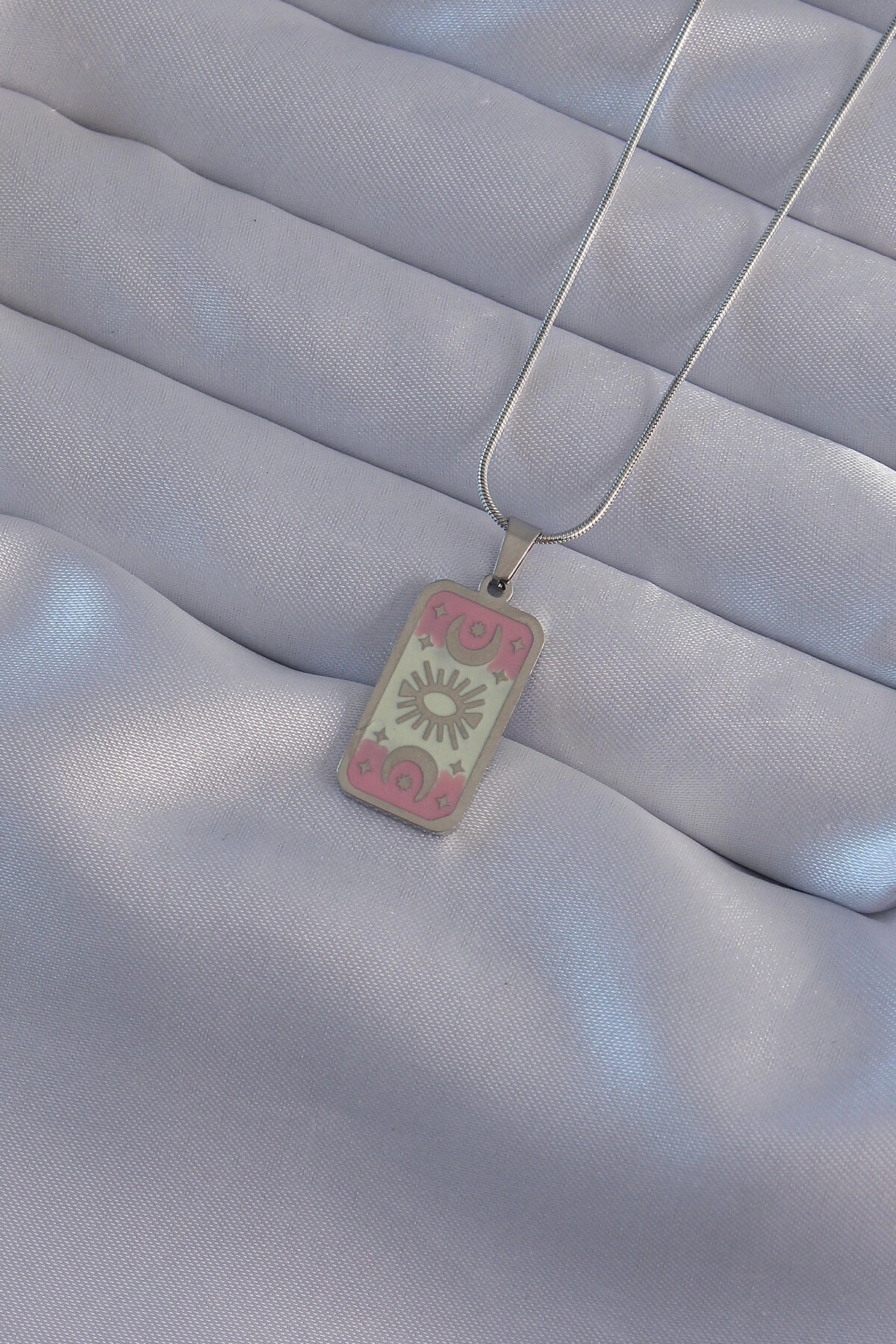 316L Çelik Gümüş Renk Pembe Mineli Ay Figür Tarot Kolye-1