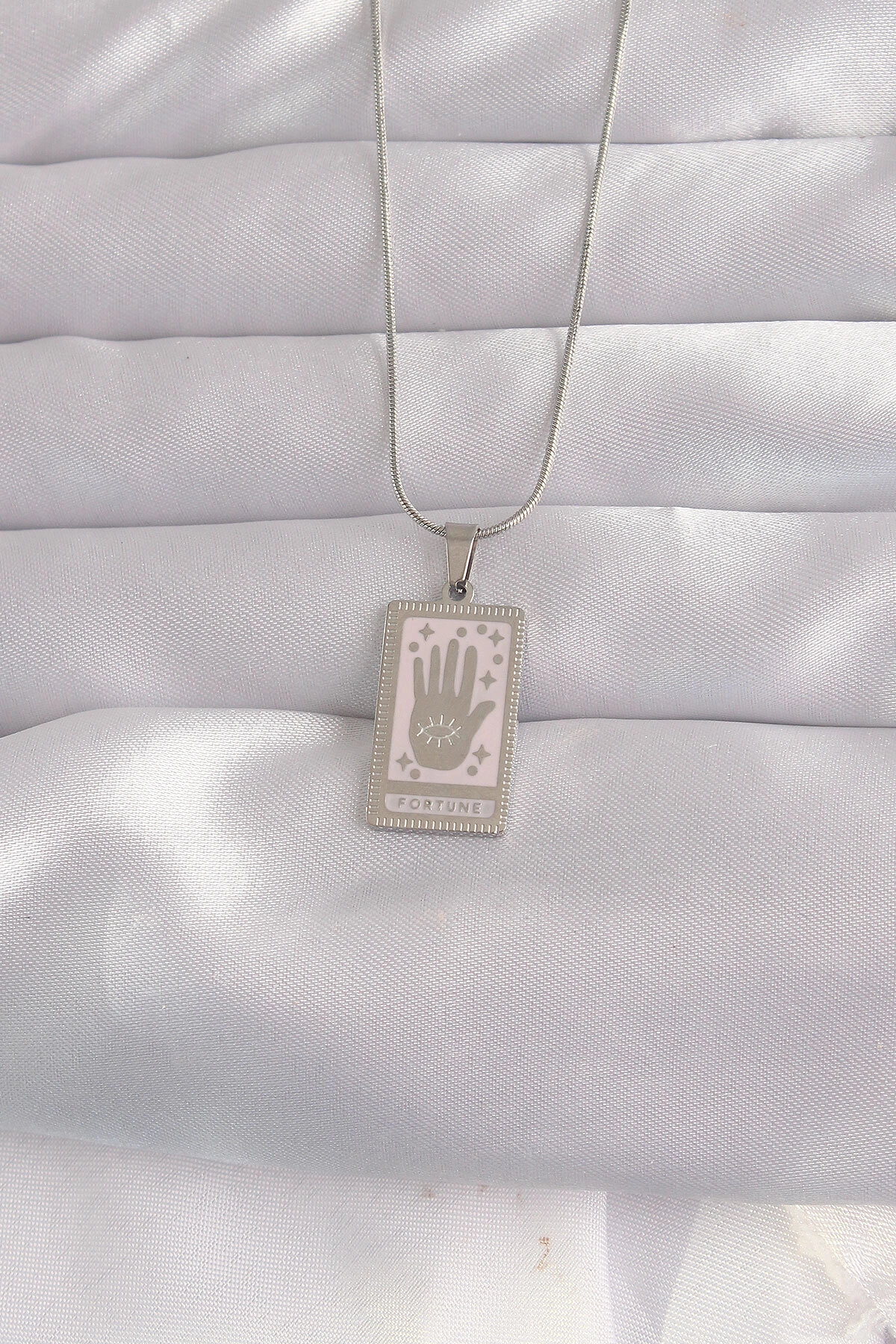 316L Çelik Gümüş Renk Pembe Mineli El Figür Tarot Kolye-0