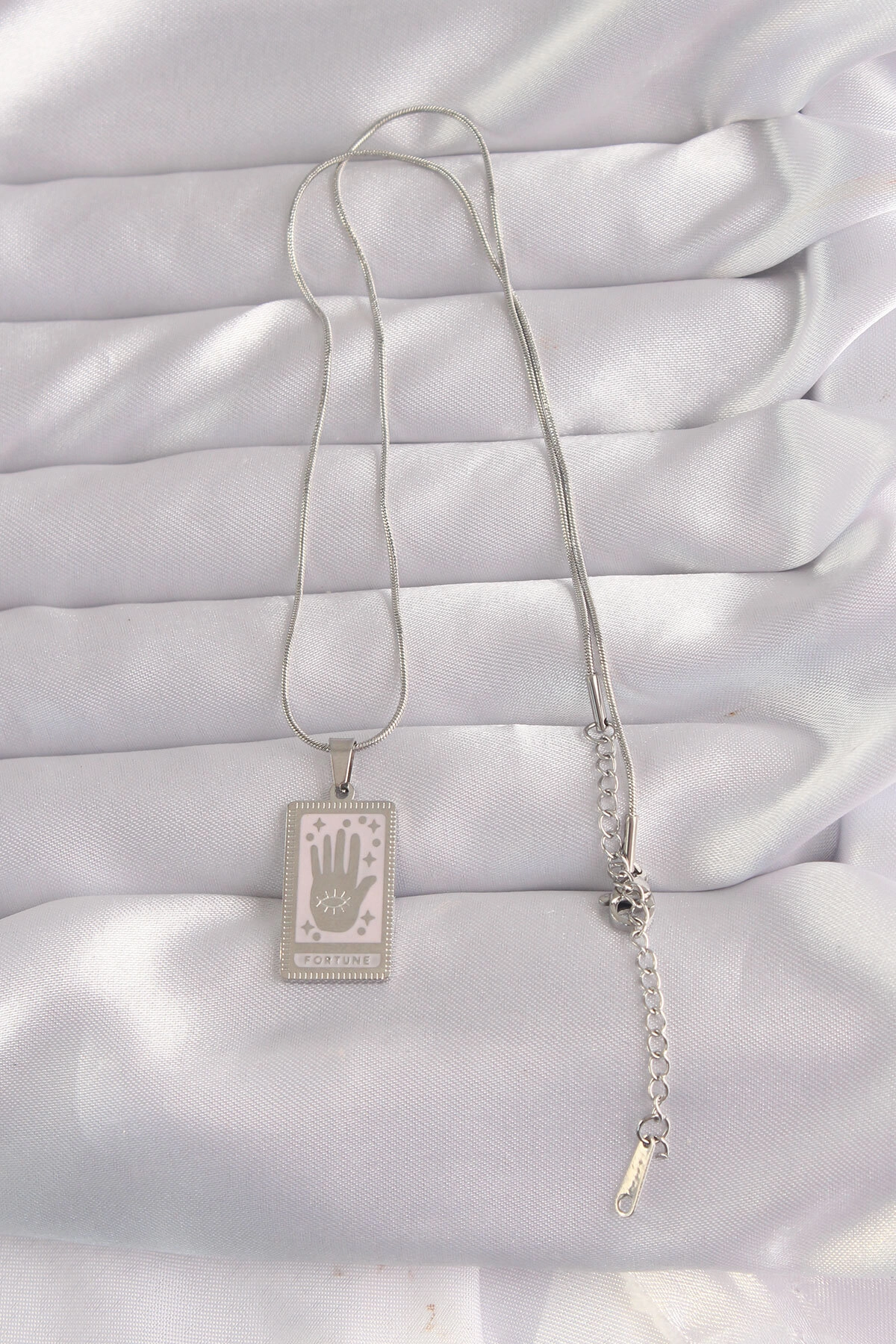 316L Çelik Gümüş Renk Pembe Mineli El Figür Tarot Kolye-1