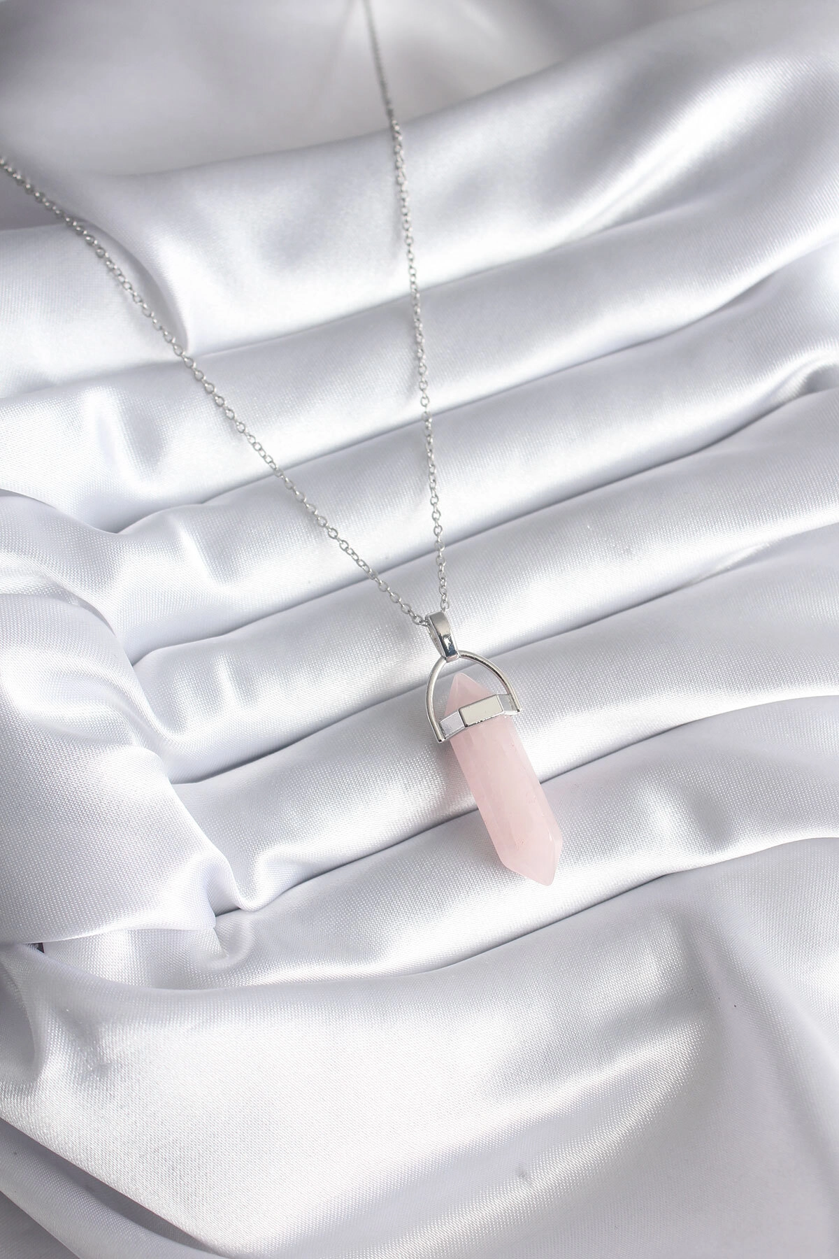 316L Çelik Gümüş Renk Pembe Taşlı Kadın Kolye-1