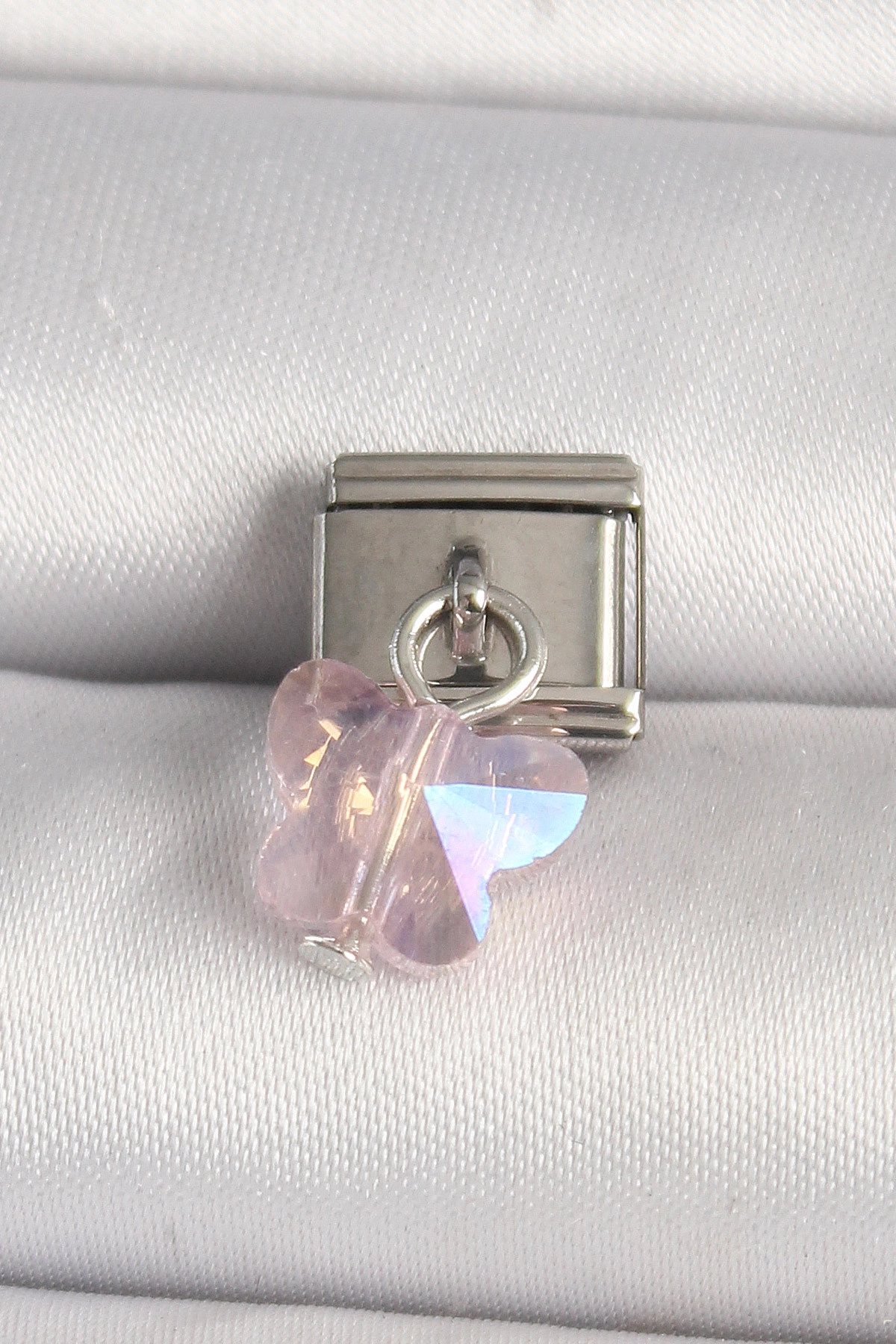 316L Çelik Gümüş Renk Pembe Zirkon Taşlı Kelebek Model Nomination Charm-0