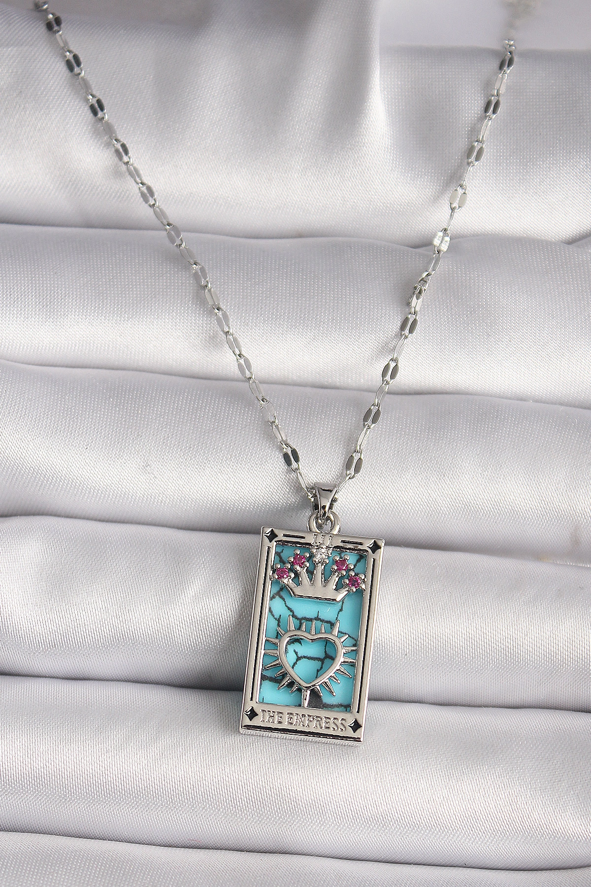 316L Çelik Gümüş Renk Pembe Zirkon Taşlı Taç Kalp Portre Model Kadın Kole-0