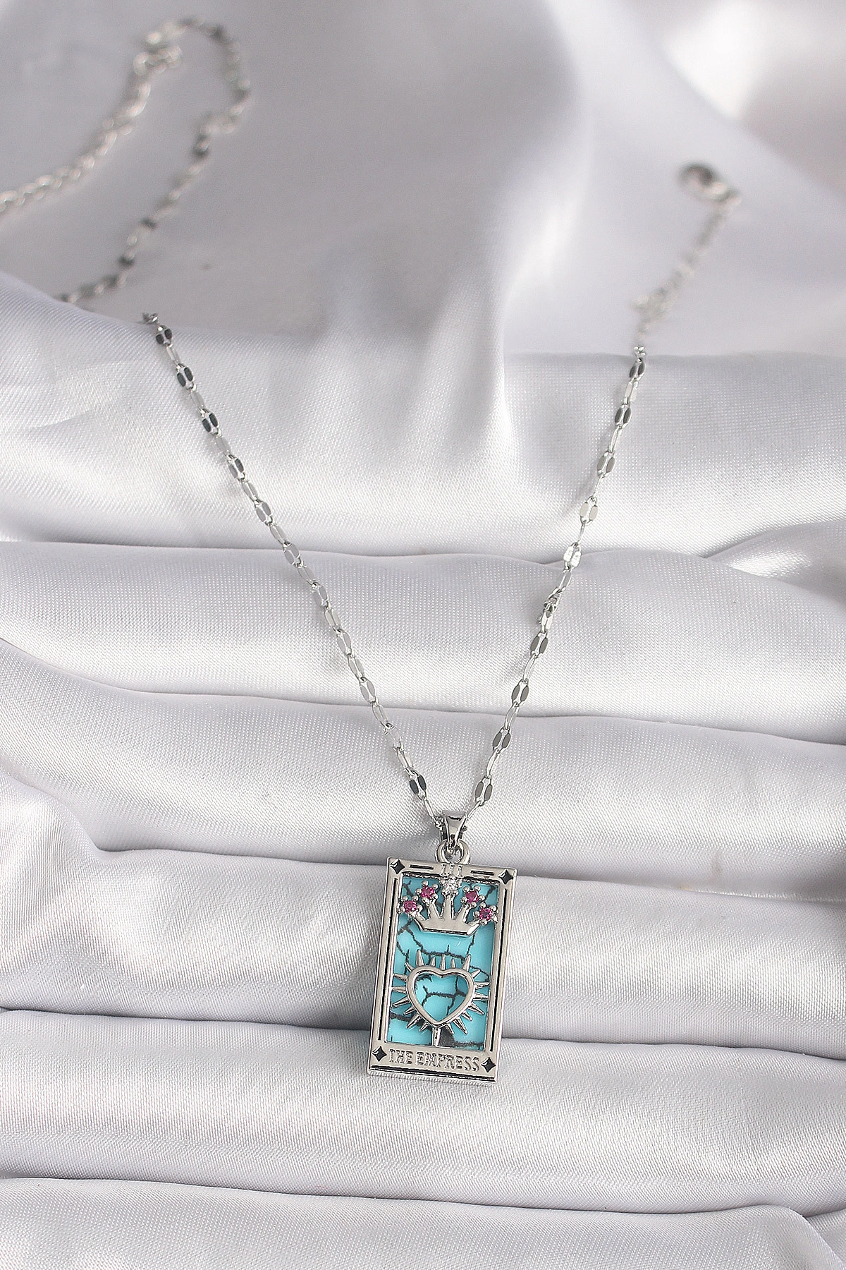 316L Çelik Gümüş Renk Pembe Zirkon Taşlı Taç Kalp Portre Model Kadın Kole-1