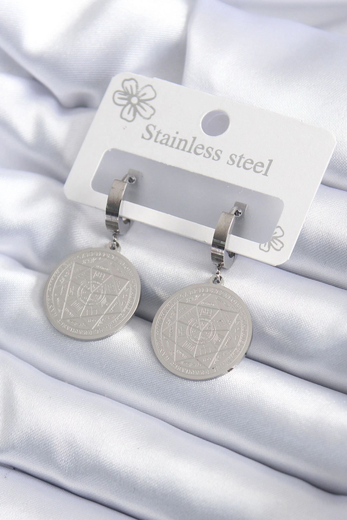 316L Çelik Gümüş Renk Pentagram İşleme Model Kadın Küpe-0