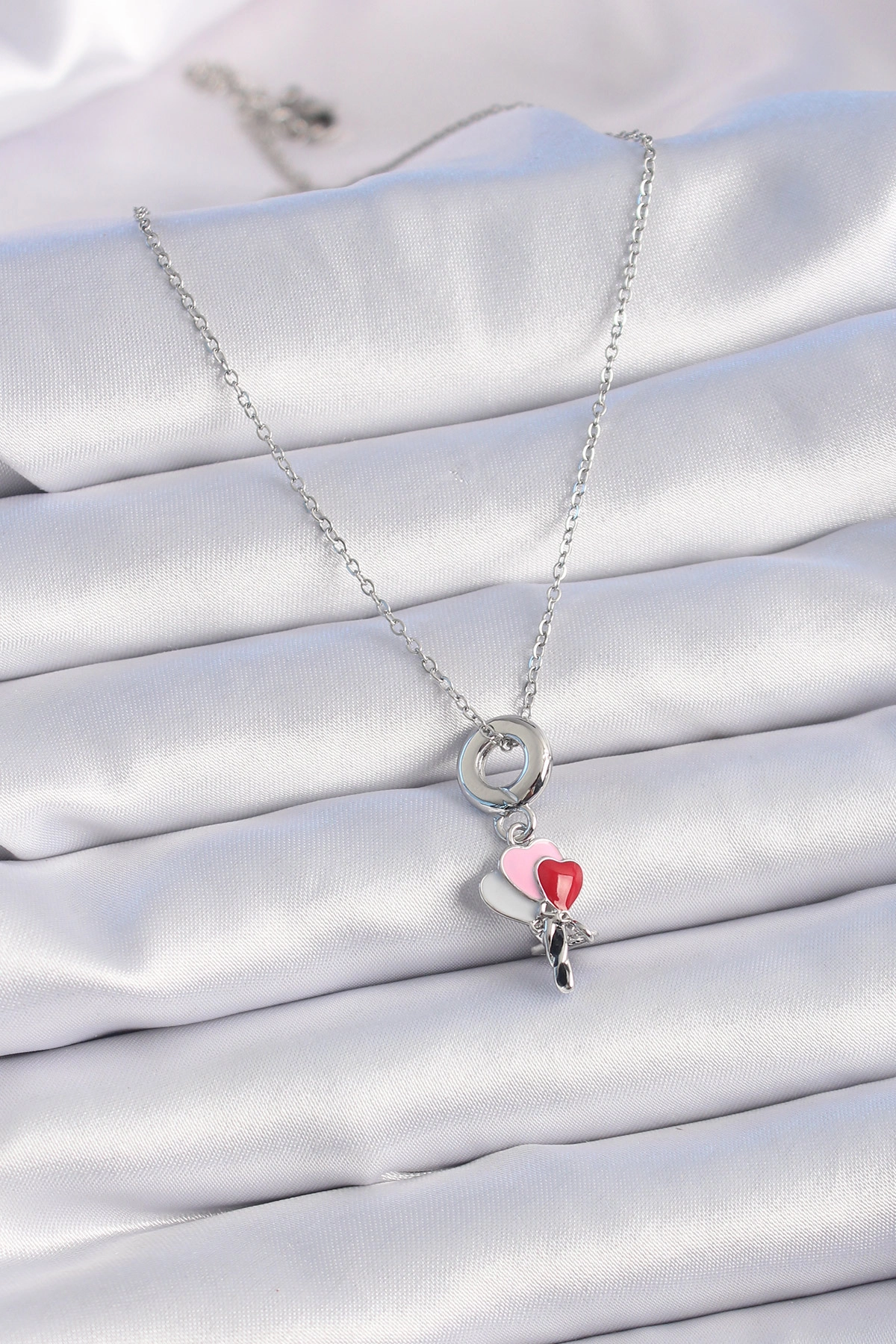 316L Çelik Gümüş Renk Renkli Kalp Figür Charm Model Kadın Kolye-1