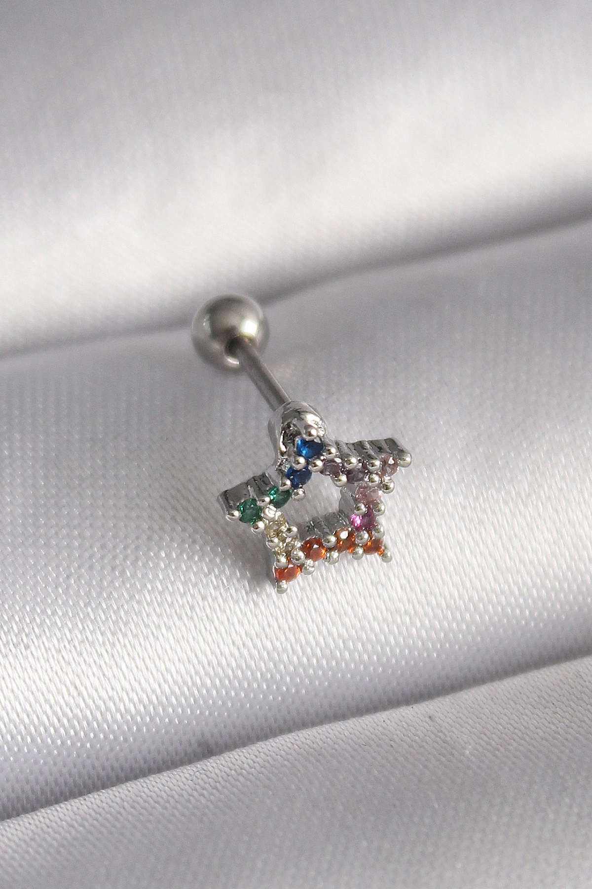316L Çelik Gümüş Renk Renkli Zirkon Taşlı Yıldız Model Tragus Piercing-0