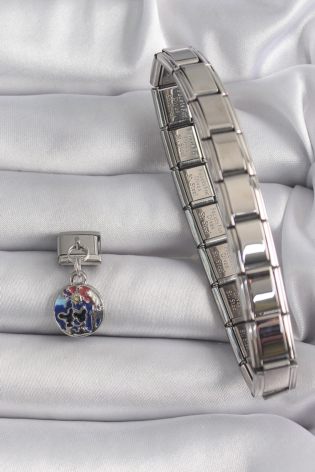 316L Çelik Gümüş Renk Sallantı Dünya Model Nomination Charm-1