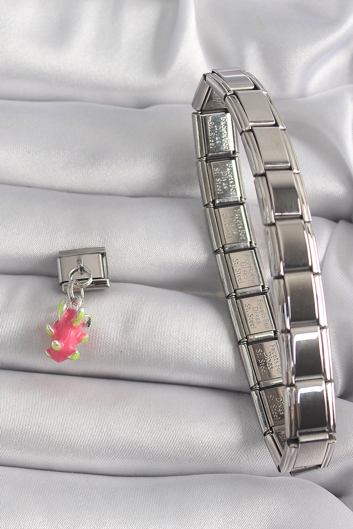 316L Çelik Gümüş Renk Sallantı Ejder Meyvesi Model Nomination Charm-1