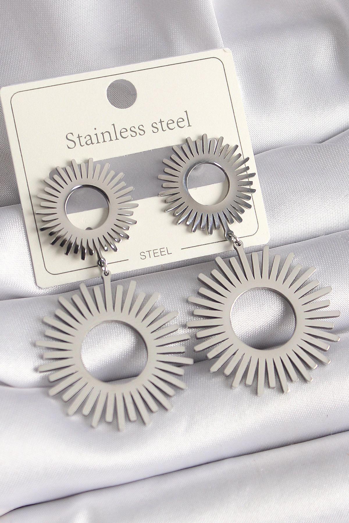 316L Çelik Gümüş Renk Sallantı Güneş Model Kadın Küpe-0