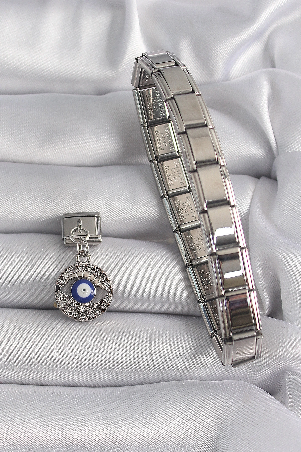 316L Çelik Gümüş Renk Sallantı Zirkon Taşlı Göz Model Nazar Boncuk Detay Nomination Charm-1