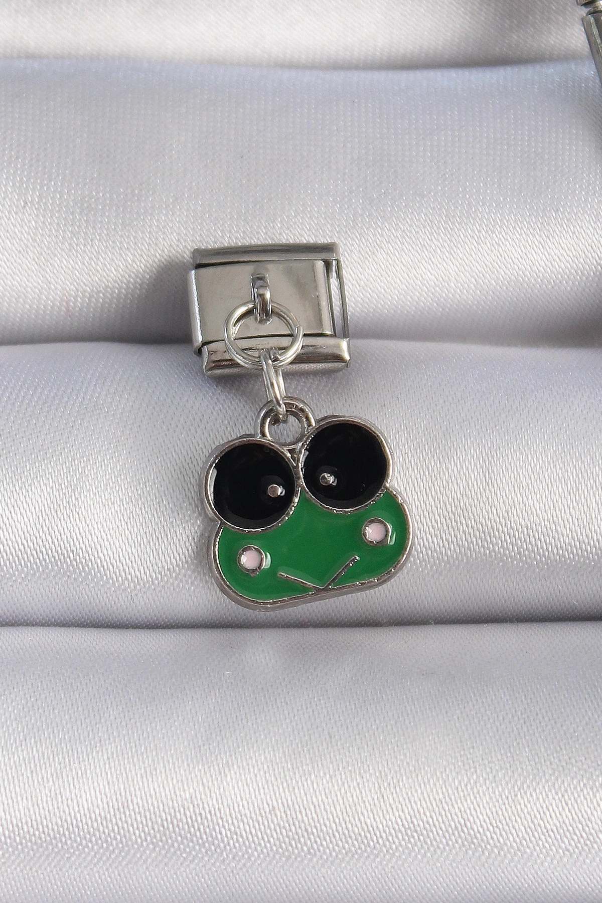 316L Çelik Gümüş Renk Sallantılı Yeşil Kurbağa Figür Nomination Charm-0