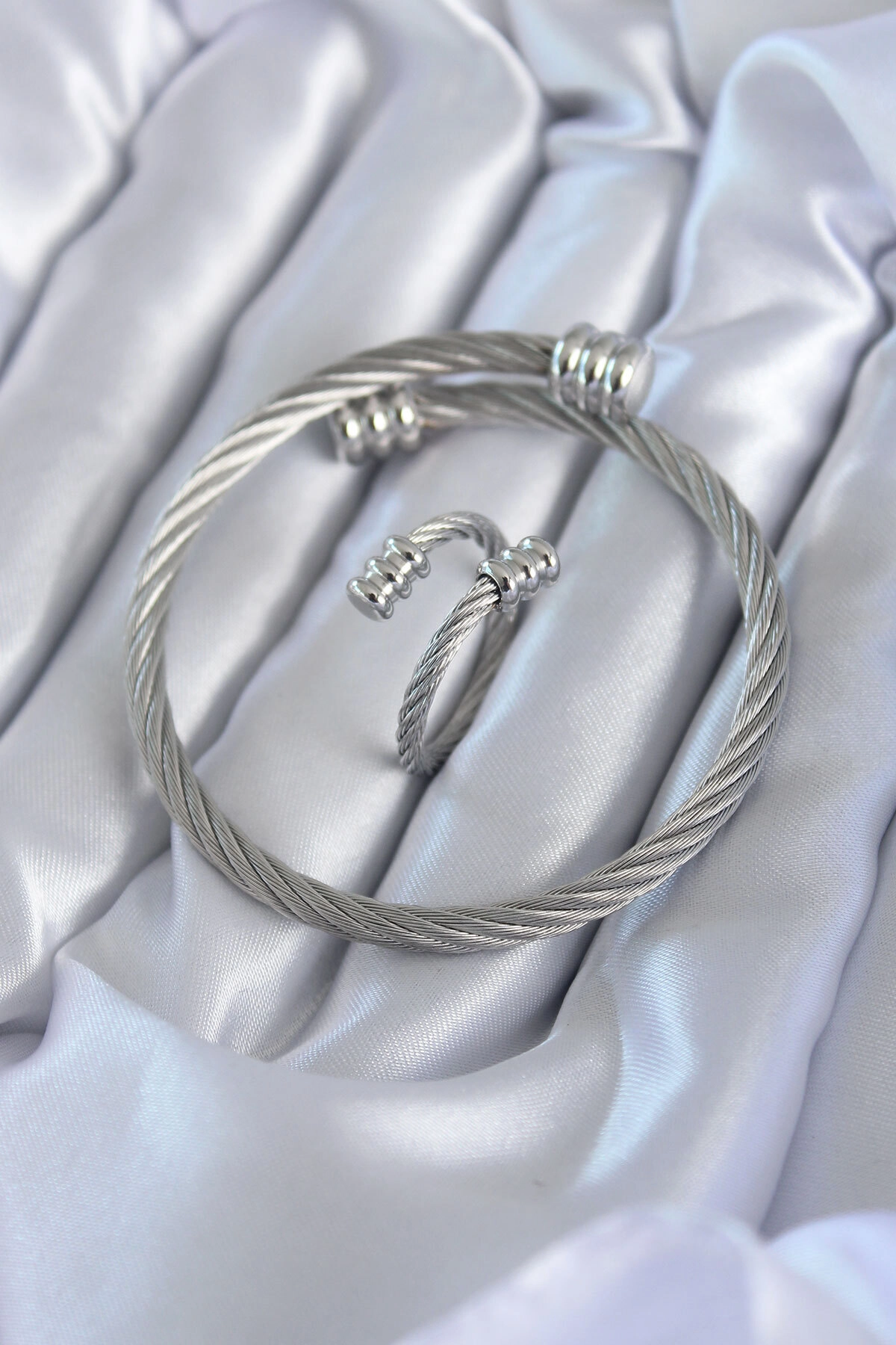 316L Çelik Gümüş Renk Sarmal Model Erkek Bileklik Yüzük Kombini-0