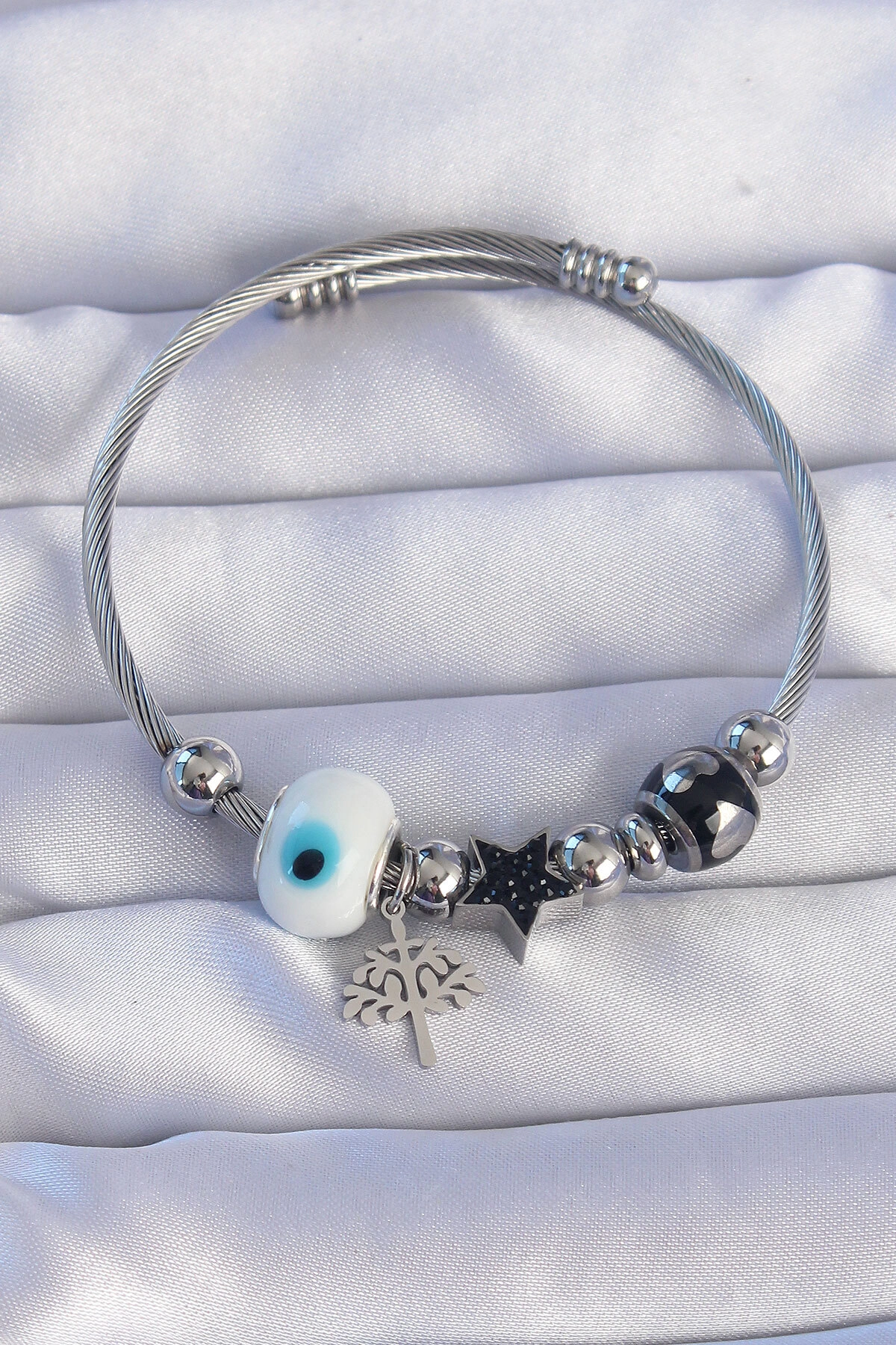 316L Çelik Gümüş Renk Siyah Zirkon Taşlı Yıldız Tasarımlı Ağaç Detay Nazarlı Charm Bileklik-0