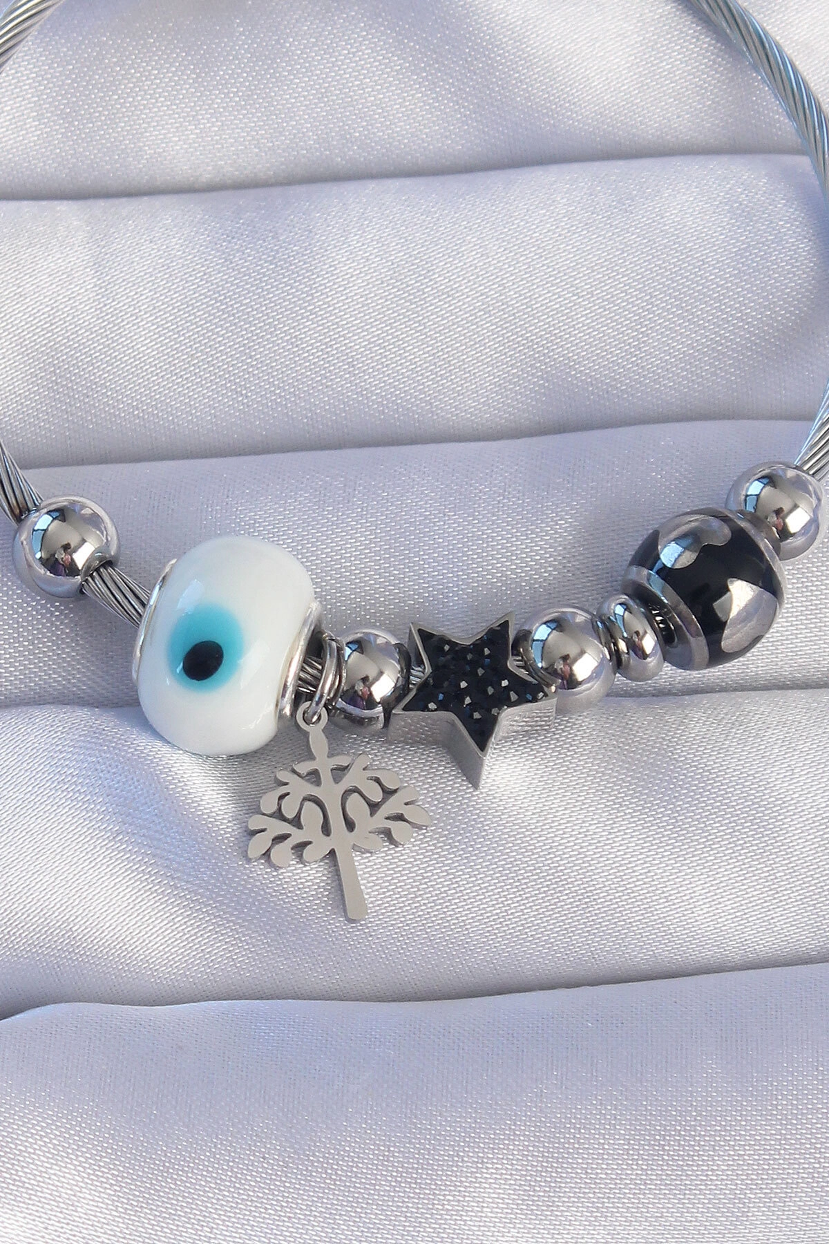 316L Çelik Gümüş Renk Siyah Zirkon Taşlı Yıldız Tasarımlı Ağaç Detay Nazarlı Charm Bileklik-1