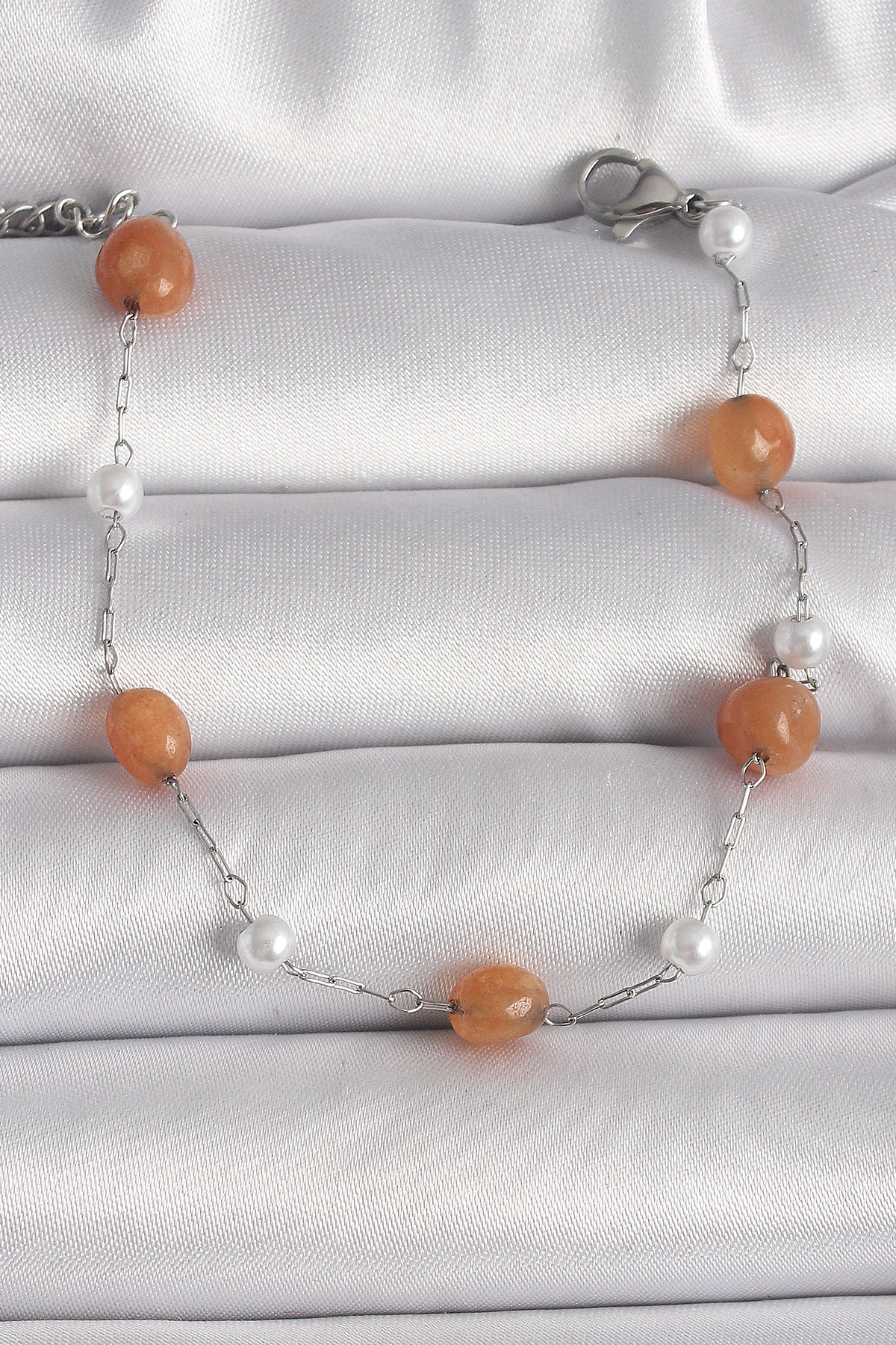 316L Çelik Gümüş Renk Turuncu Doğaltaş Model İnci Detay Kadın Bileklik-0