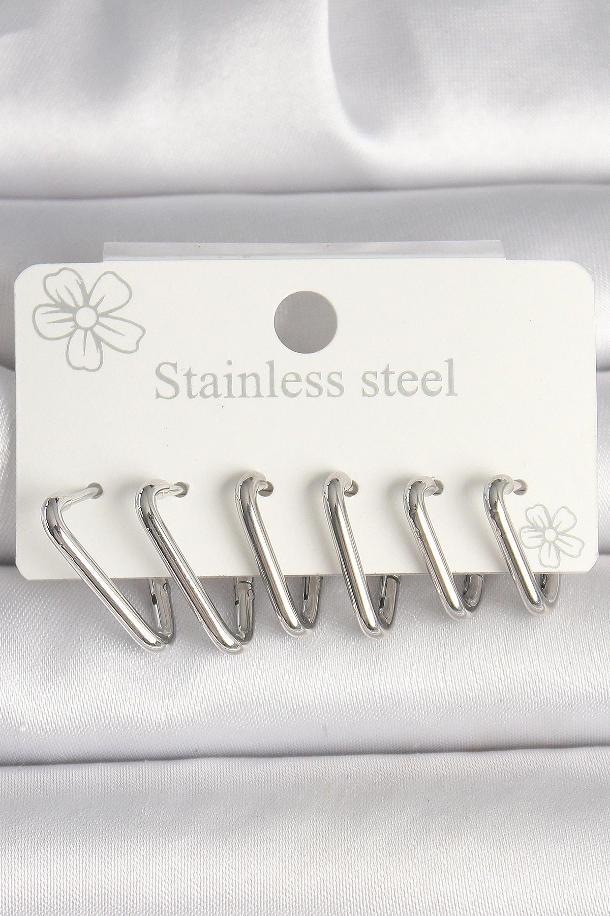 316L Çelik Gümüş Renk Üçgen Model Kadın Küpe Seti-0