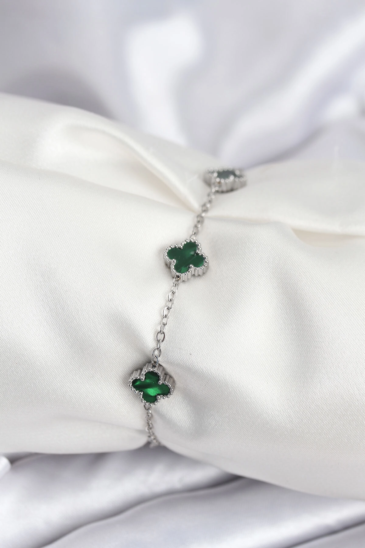 316L Çelik Gümüş Renk Yeşil Baby Boy Yonca Kadın Bileklik-0