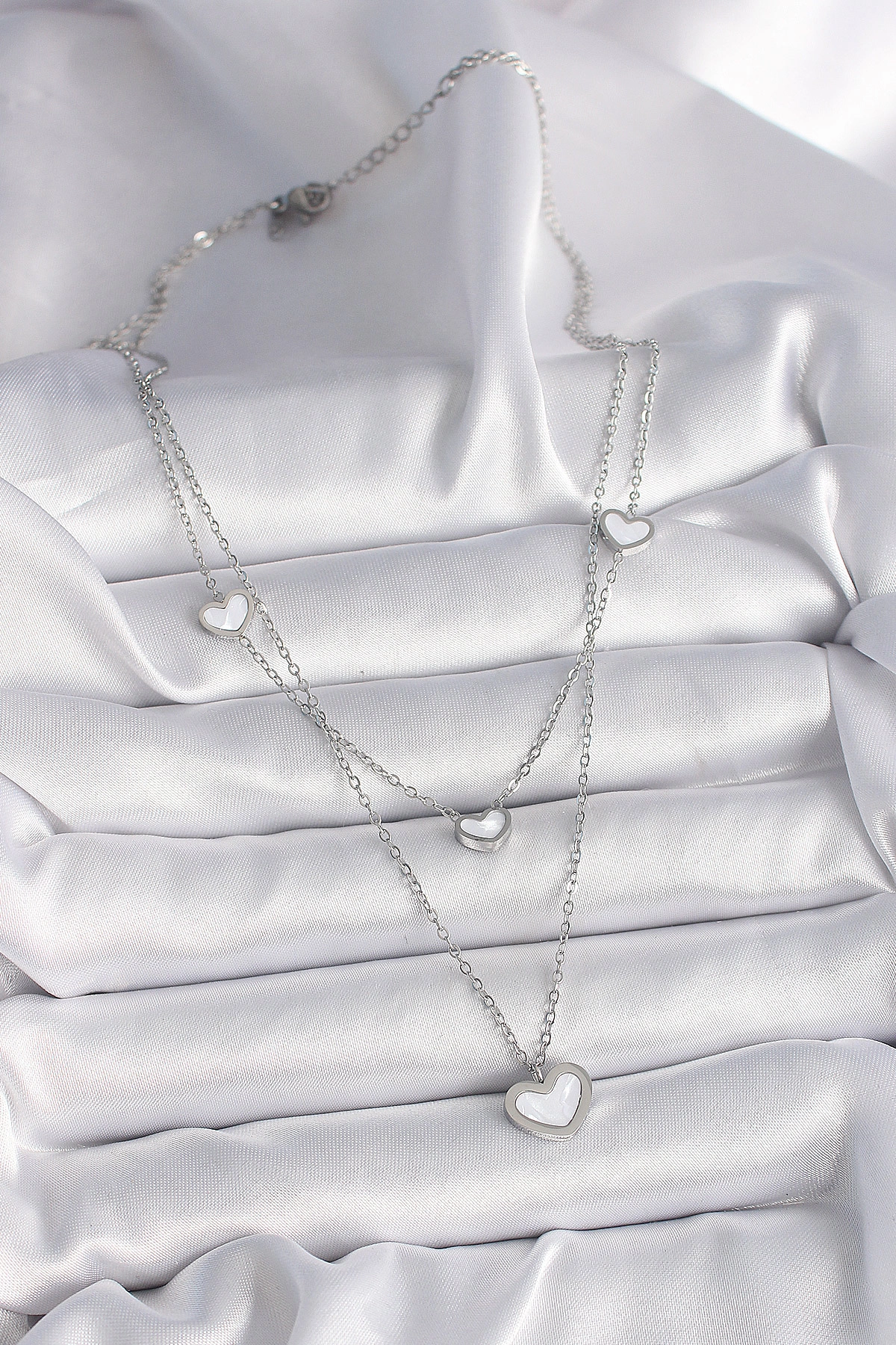 316L Çelik Gümüş Renk Zincir 2'Li Zincir Kalp Model Kadın Kolye-1