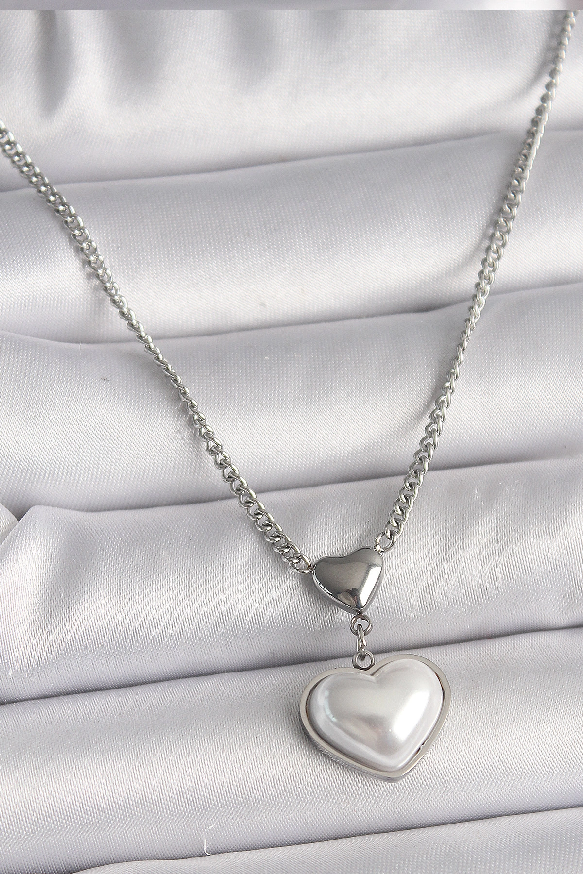 316L Çelik Gümüş Renk Zincir 3D Kalp Model Kadın Kolye-0