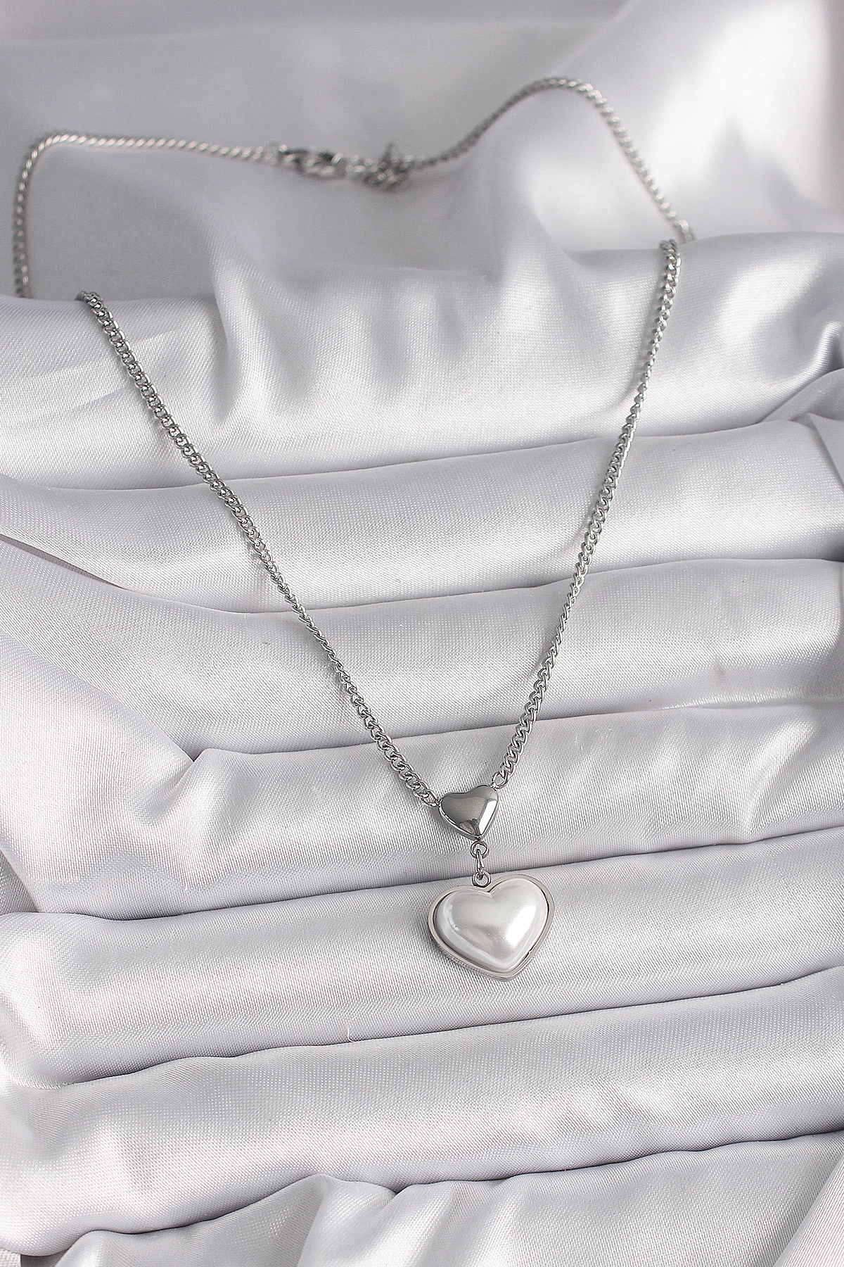 316L Çelik Gümüş Renk Zincir 3D Kalp Model Kadın Kolye-1