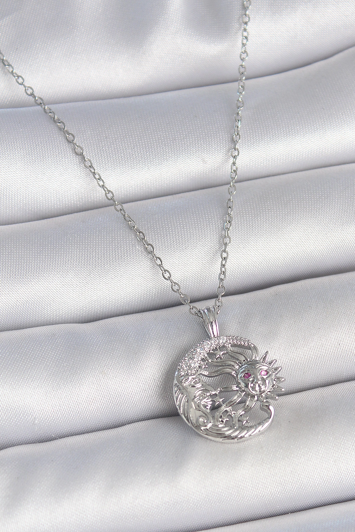 316L Çelik Gümüş Renk Zincir Ay Güneş Model Zirkon Taş Detay Kadın Kolye-0