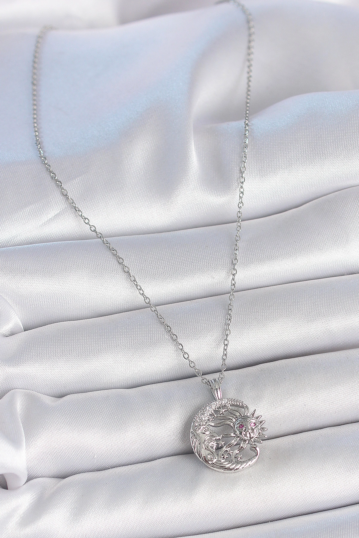 316L Çelik Gümüş Renk Zincir Ay Güneş Model Zirkon Taş Detay Kadın Kolye-1