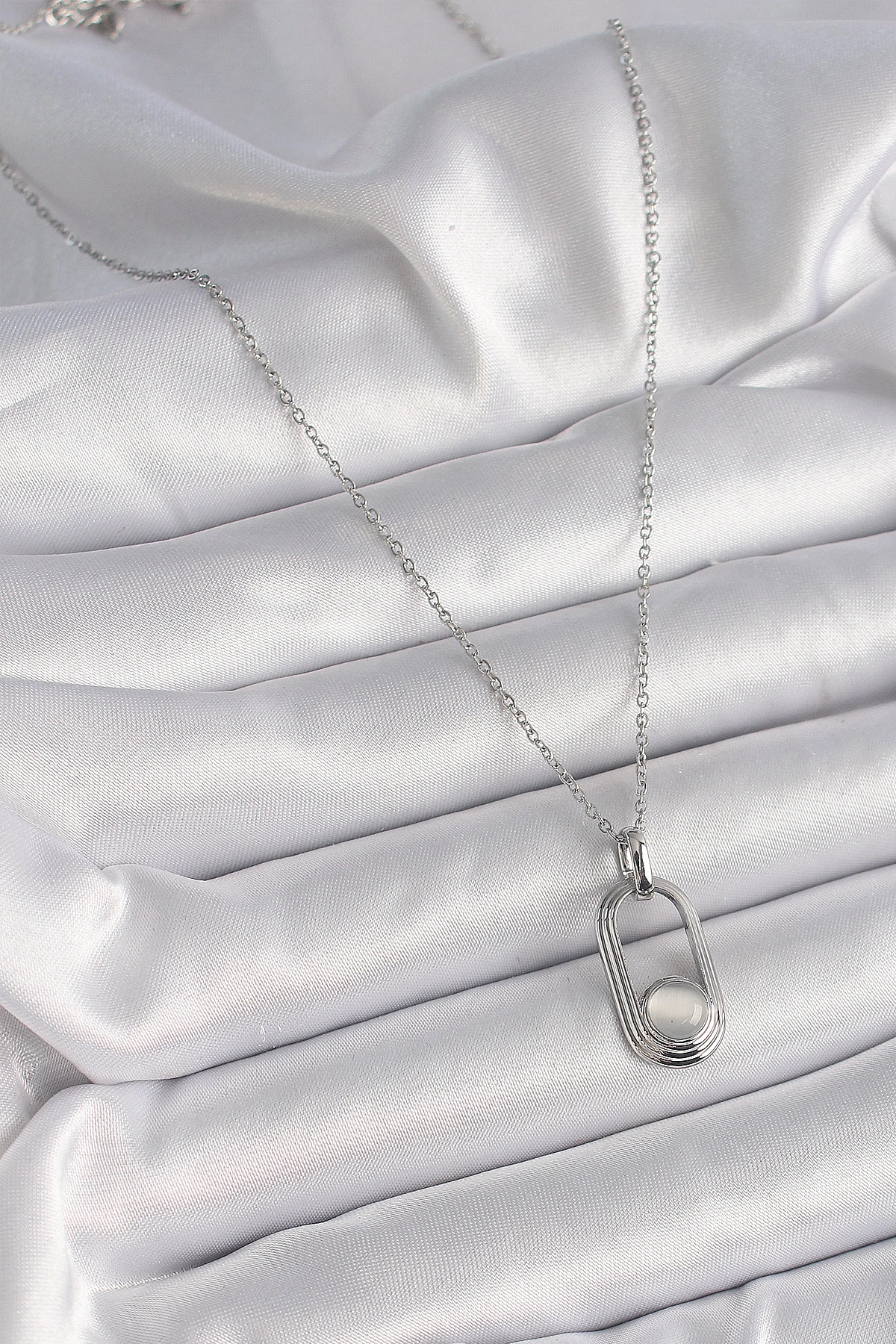 316L Çelik Gümüş Renk Zincir Beyaz Kedi Göz Model Kadın Kolye-1