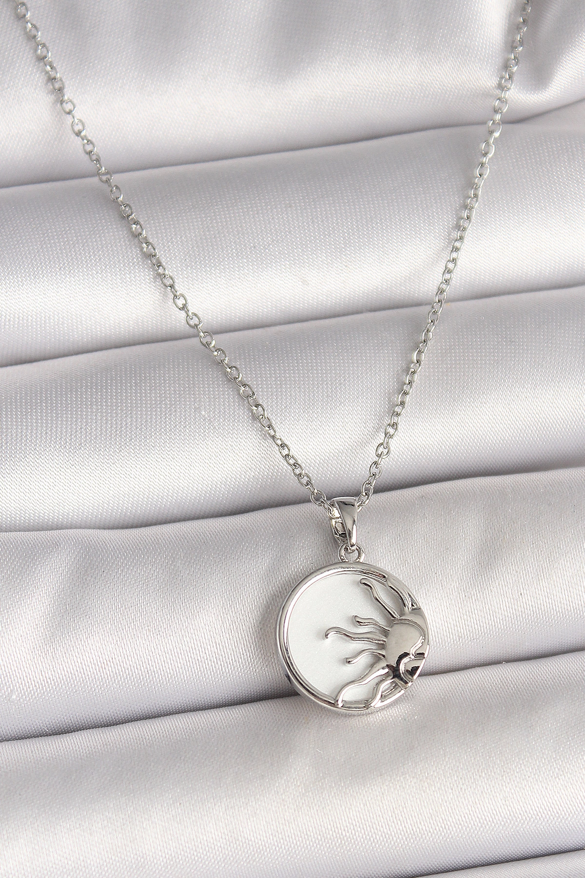 316L Çelik Gümüş Renk Zincir Beyaz Mineli Gün Batımı Model Kadın Kolye-0