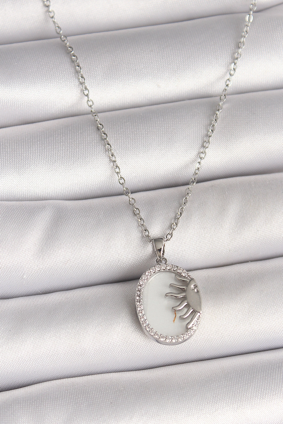 316L Çelik Gümüş Renk Zincir Beyaz Mineli Gün Batımı Model Zirkon Taş Detaylı Kadın Kolye-0