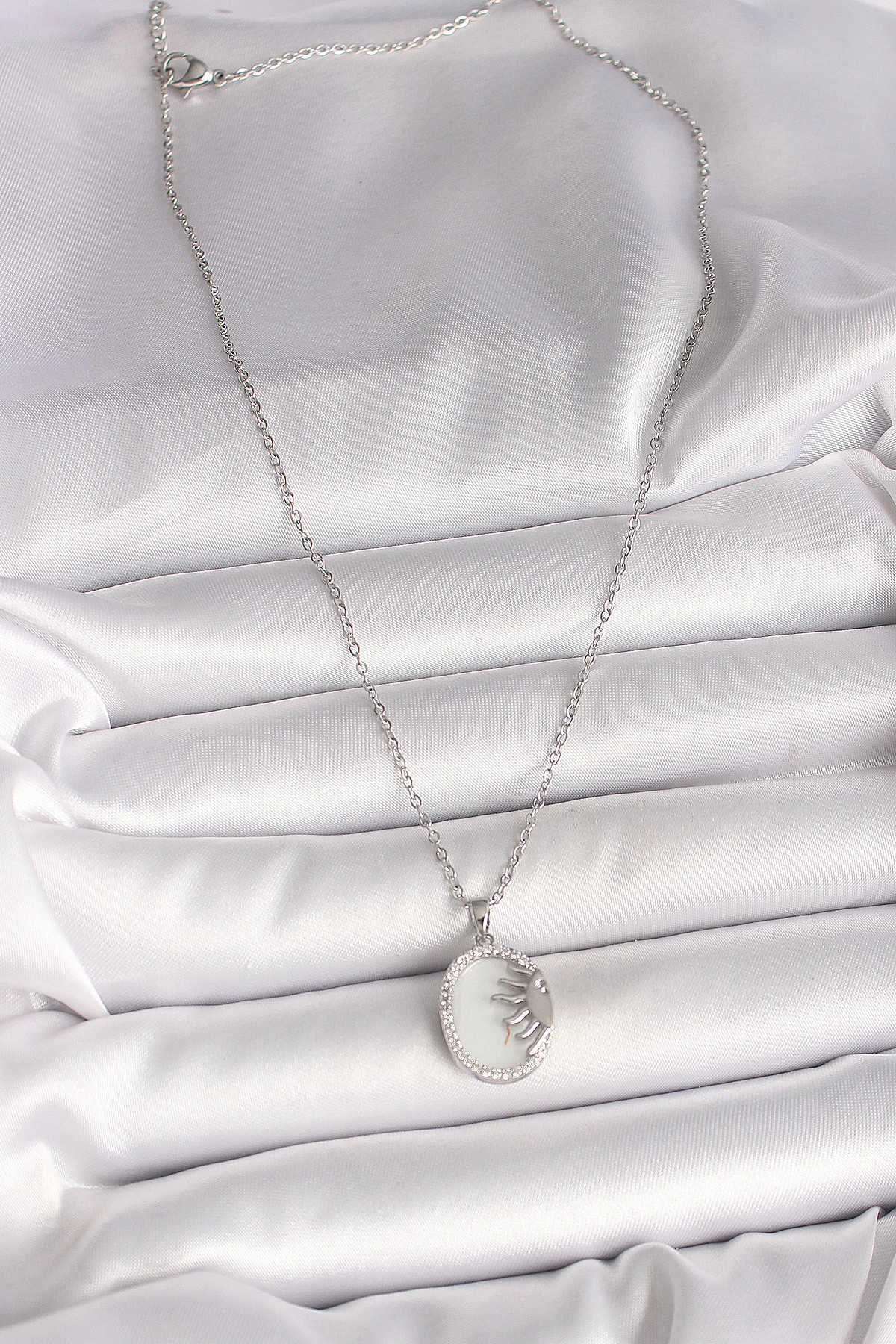 316L Çelik Gümüş Renk Zincir Beyaz Mineli Gün Batımı Model Zirkon Taş Detaylı Kadın Kolye-1