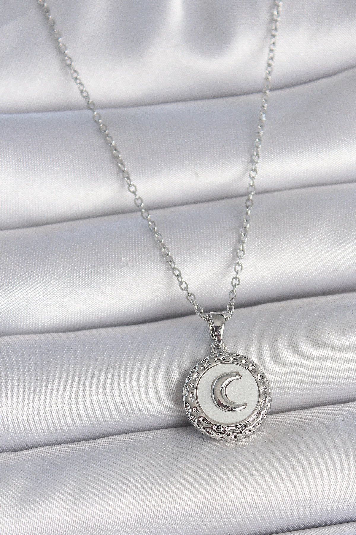 316L Çelik Gümüş Renk Zincir Beyaz Mineli Hilal İşlemeli Madalyon Model Kadın Kolye-0