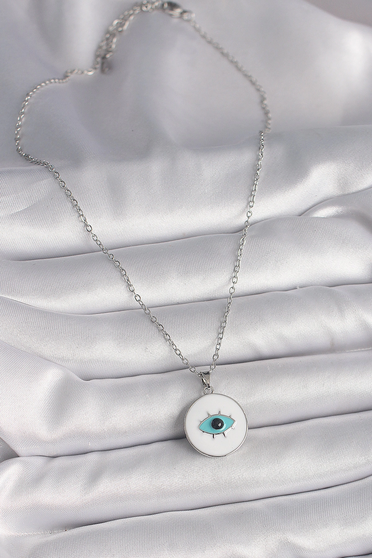 316L Çelik Gümüş Renk Zincir Beyaz Mineli Turkuaz Göz İşleme Model Kadın Kolye-1