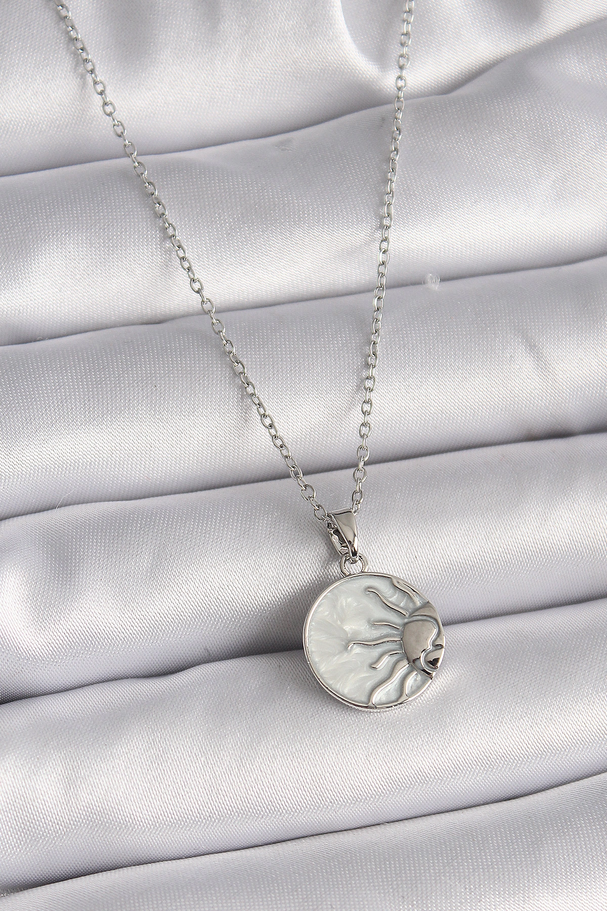 316L Çelik Gümüş Renk Zincir Beyaz Sedefli Gün Batımı Model Kadın Kolye-0